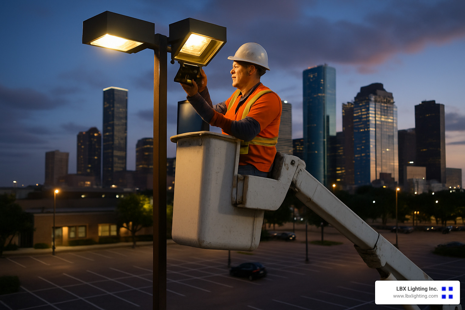 technician in bucket truck servicing parking lot light - Houston parking lot lighting
