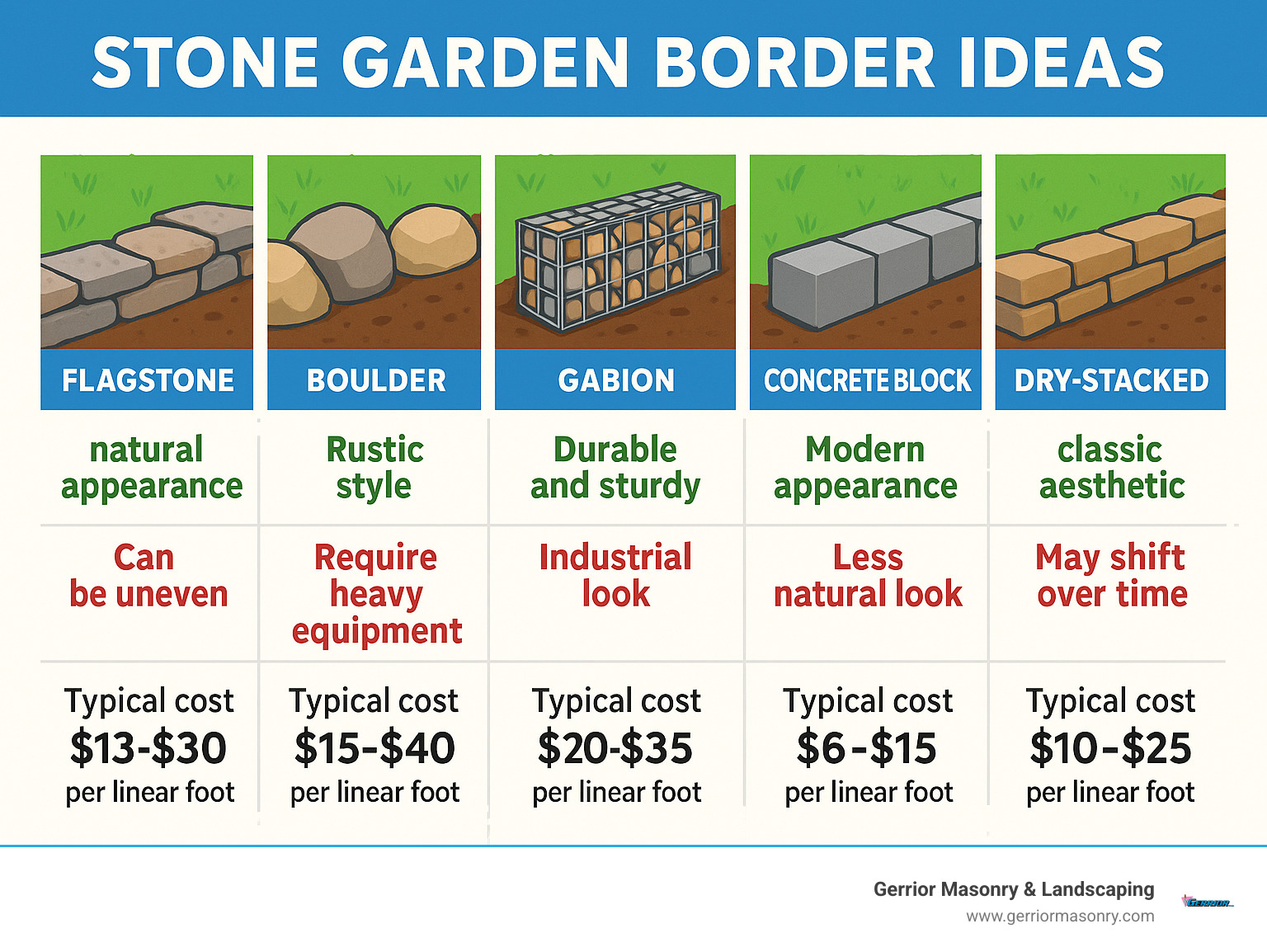 Comparison of stone garden border types showing flagstone, boulder, gabion, concrete block and dry-stacked options with their pros, cons and typical cost ranges per linear foot - Stone garden border ideas infographic 