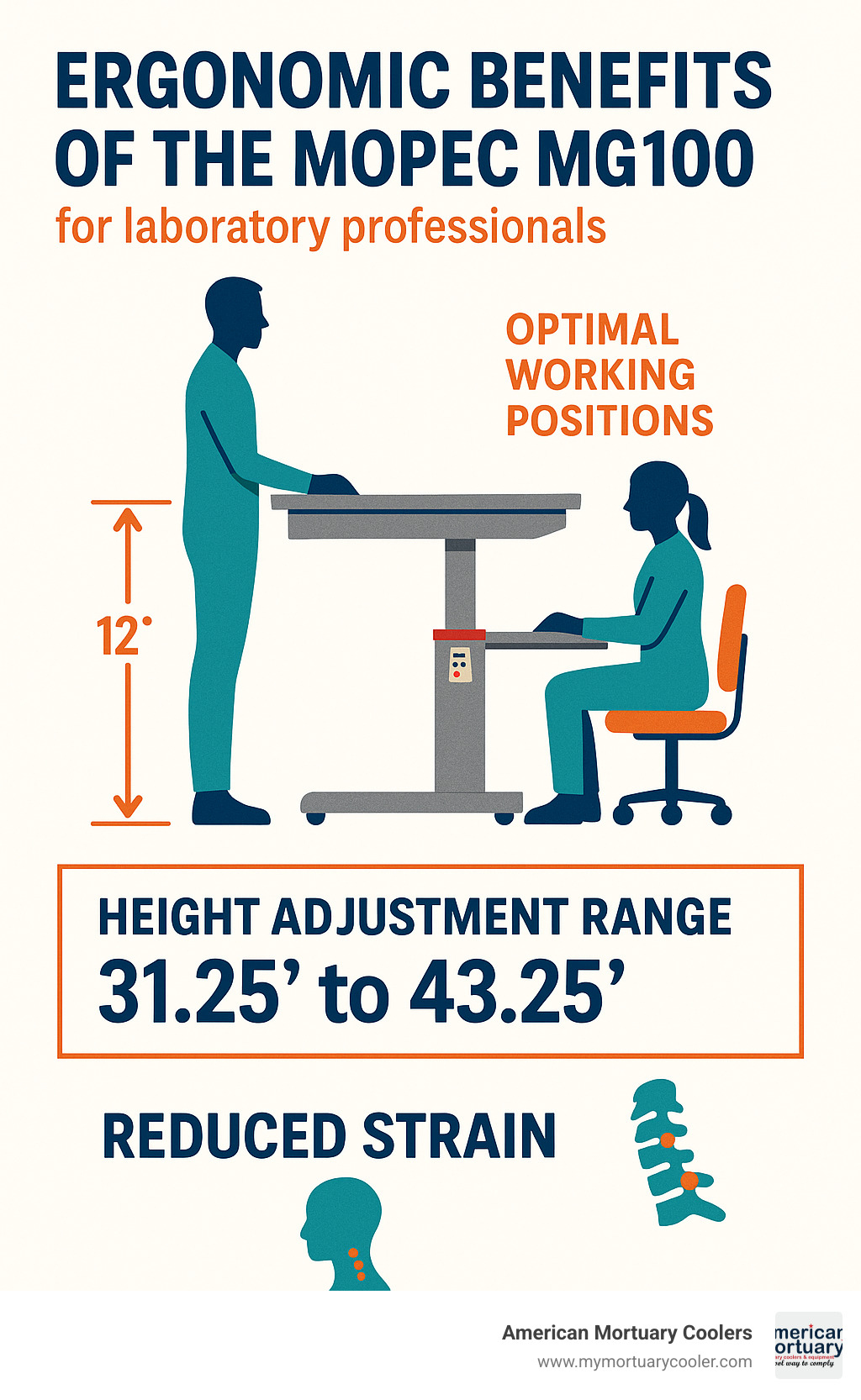 Ergonomic benefits of the Mopec MG100 showing height adjustment range, optimal working positions, and reduced strain points for laboratory professionals - mopec mg100 infographic 