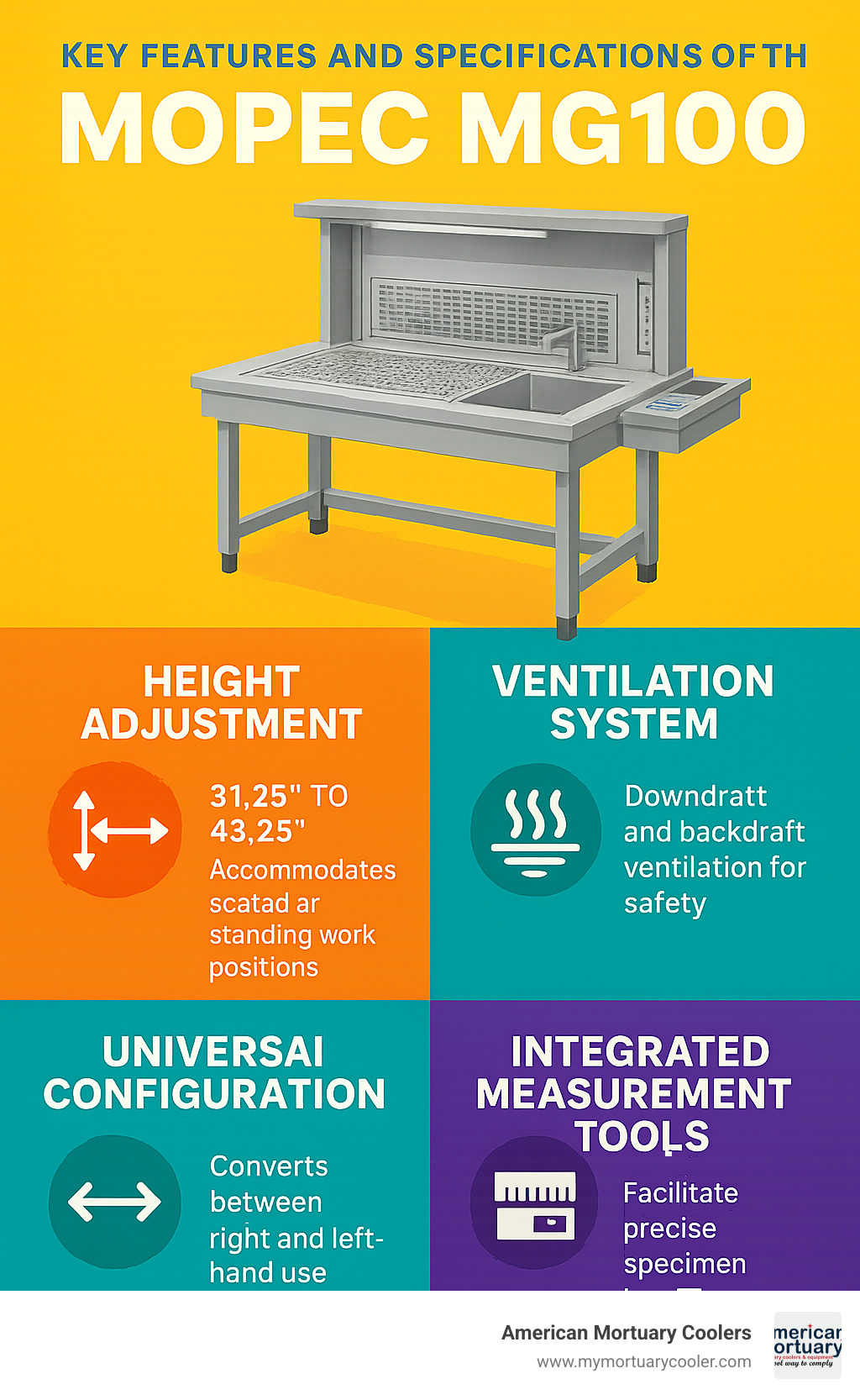 Key features and specifications of the Mopec MG100 grossing station showing height adjustment range, ventilation system details, universal configuration options, and integrated measurement tools with their benefits for pathology professionals - mopec mg100 infographic 