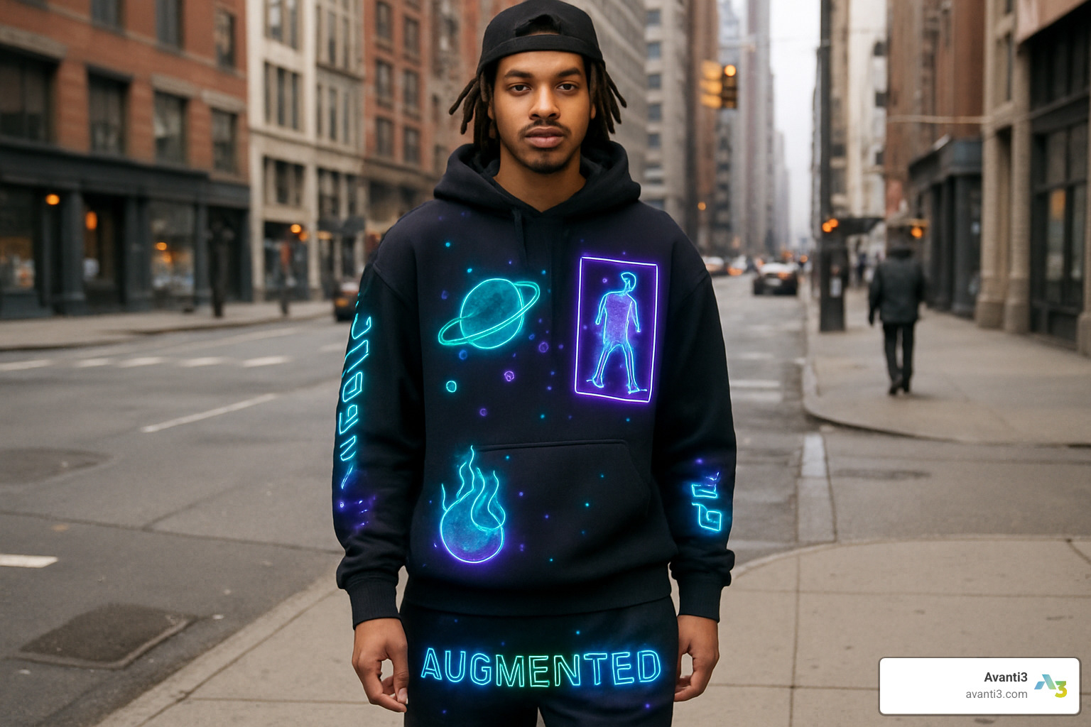 AR streetwear drop showing augmented reality elements on physical clothing - blockchain creator economy