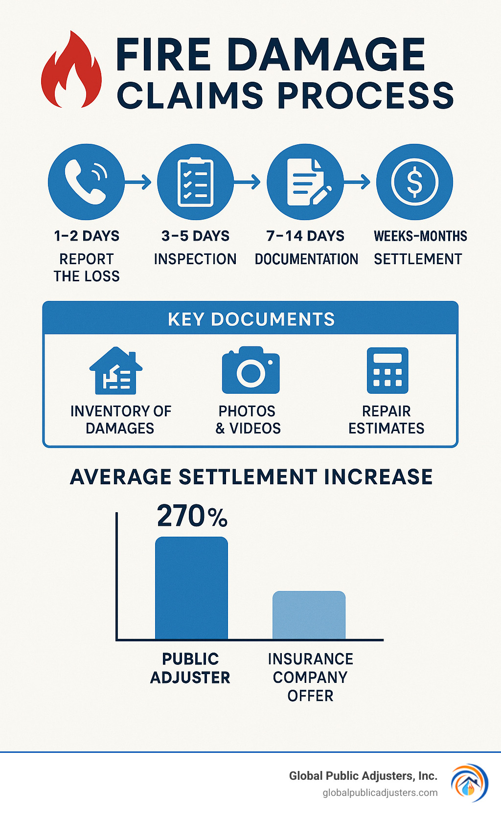 Infographic showing fire damage claims process with timeline, key documentation requirements, and average settlement increases with public adjusters vs. insurance company offers - fire damage claims adjuster infographic 