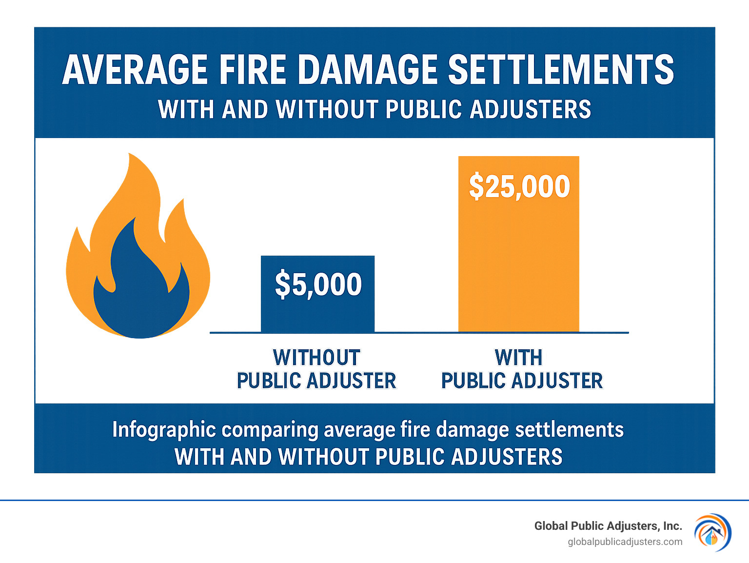 Infographic comparing average fire damage settlements with and without public adjusters - fire damage claims adjuster infographic 