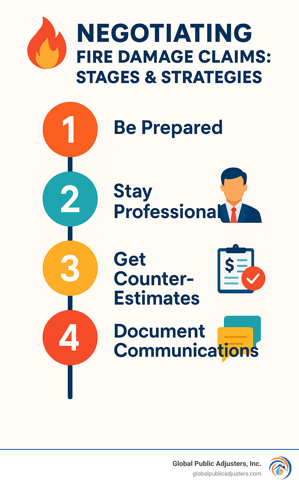 Infographic showing negotiation stages in fire damage claims and optimal strategies at each stage - fire damage claims adjuster infographic 