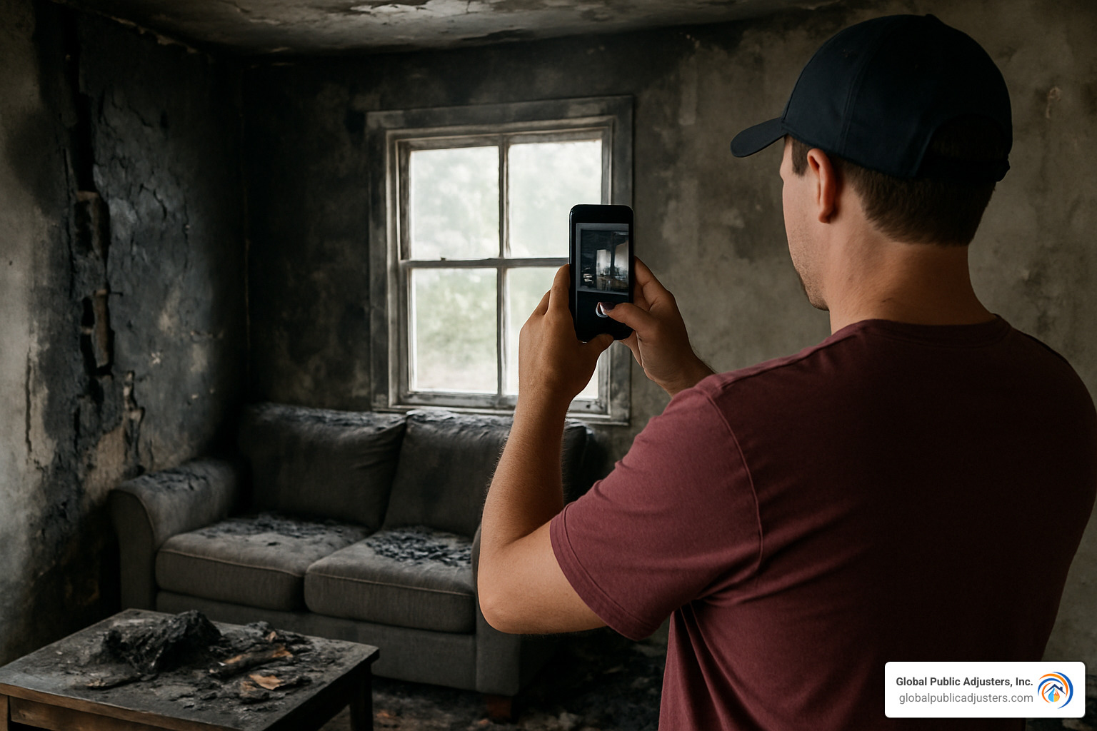Homeowner photographing fire damage for documentation - fire damage claims adjuster