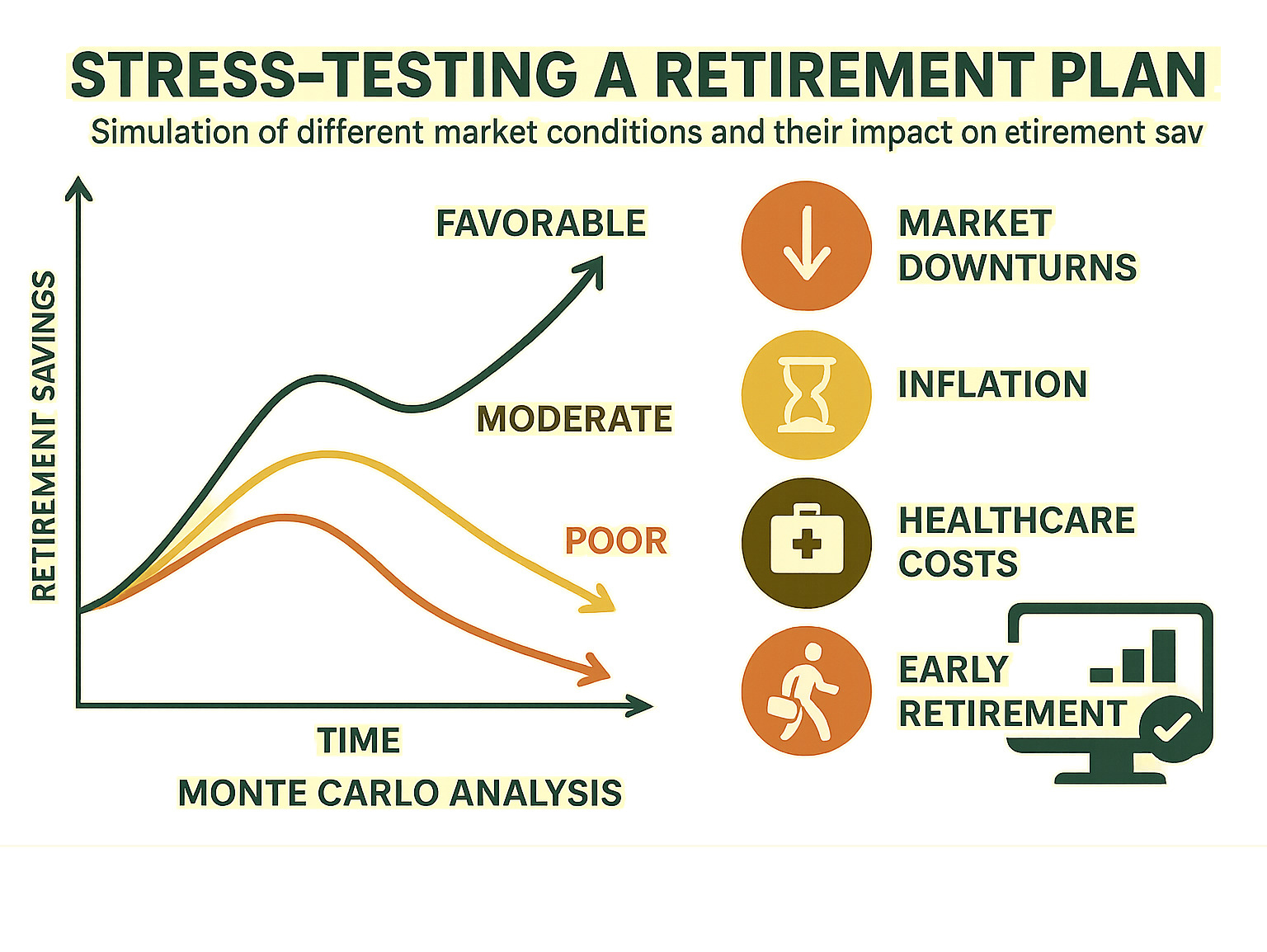 Stress testing retirement plan showing simulation of different market conditions and their impact on retirement savings - Comprehensive retirement planning infographic