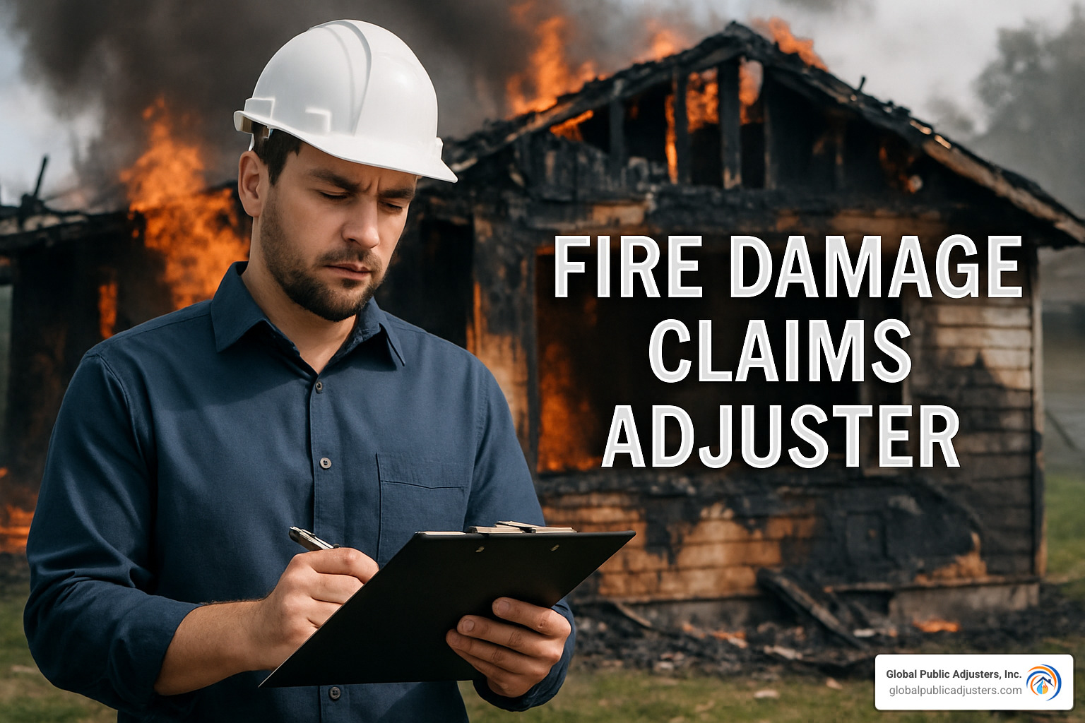 Fire damage adjuster inspecting damaged property - fire damage claims adjuster