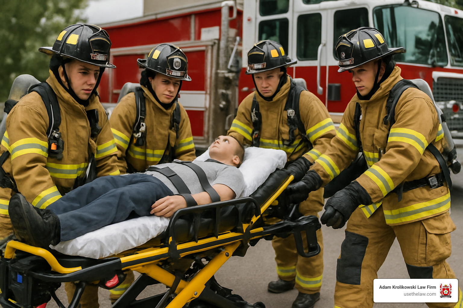 firefighter crew using mechanized cot - firefighter workers compensation