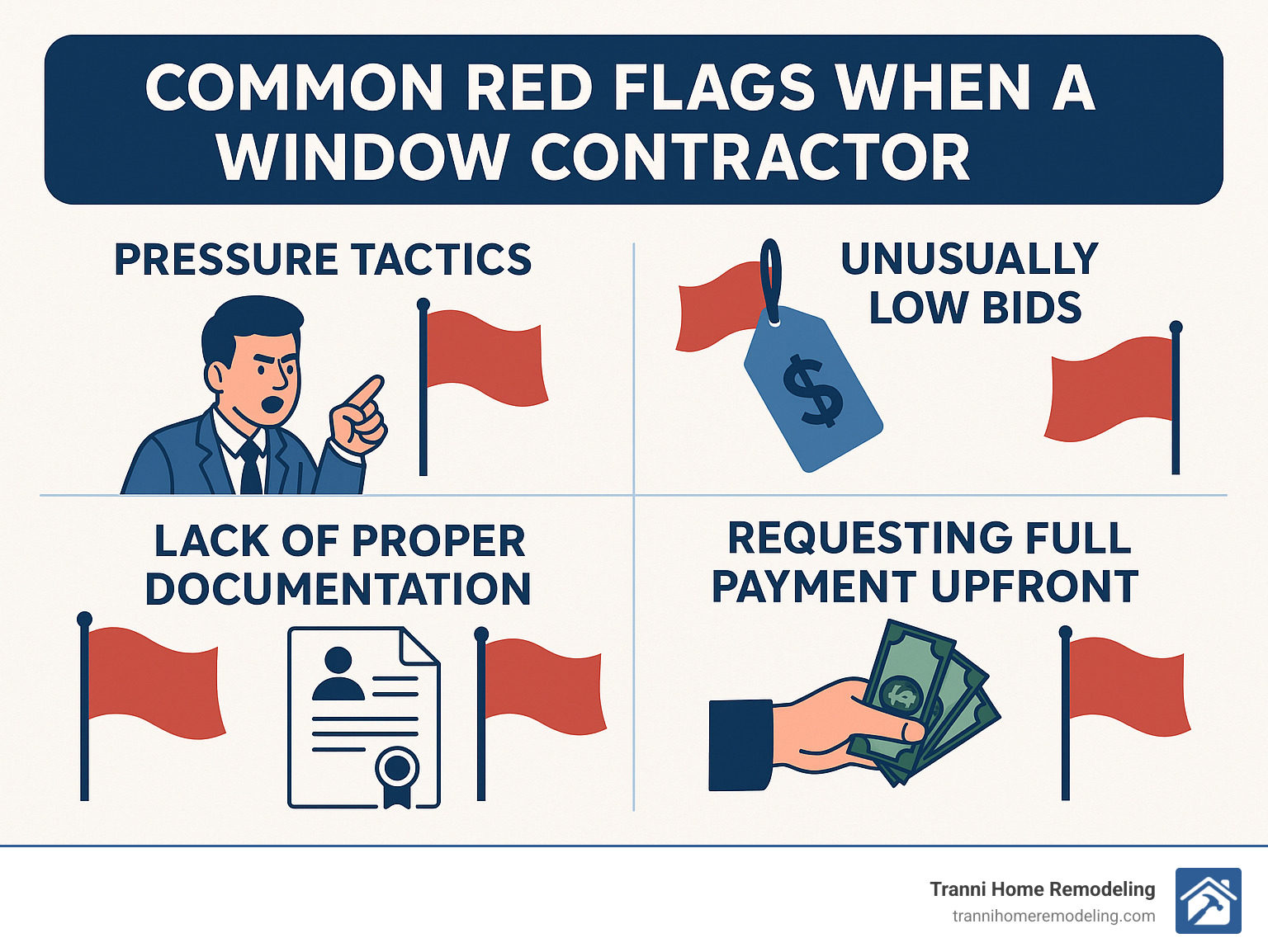 Common red flags when hiring a window contractor including pressure tactics, unusually low bids, lack of proper documentation, and requesting full payment upfront - replacement windows contractor near me infographic