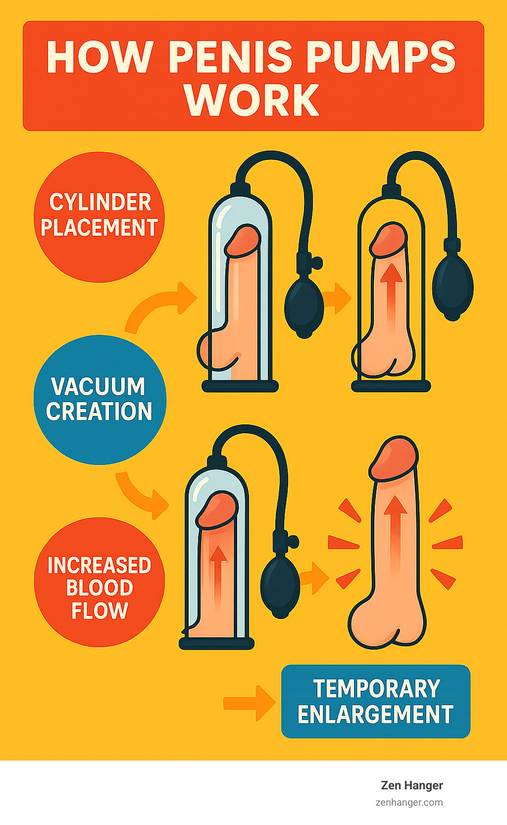 Diagram showing how penis pumps work: cylinder placement, vacuum creation, increased blood flow, and temporary enlargement effects - top penis pumps infographic