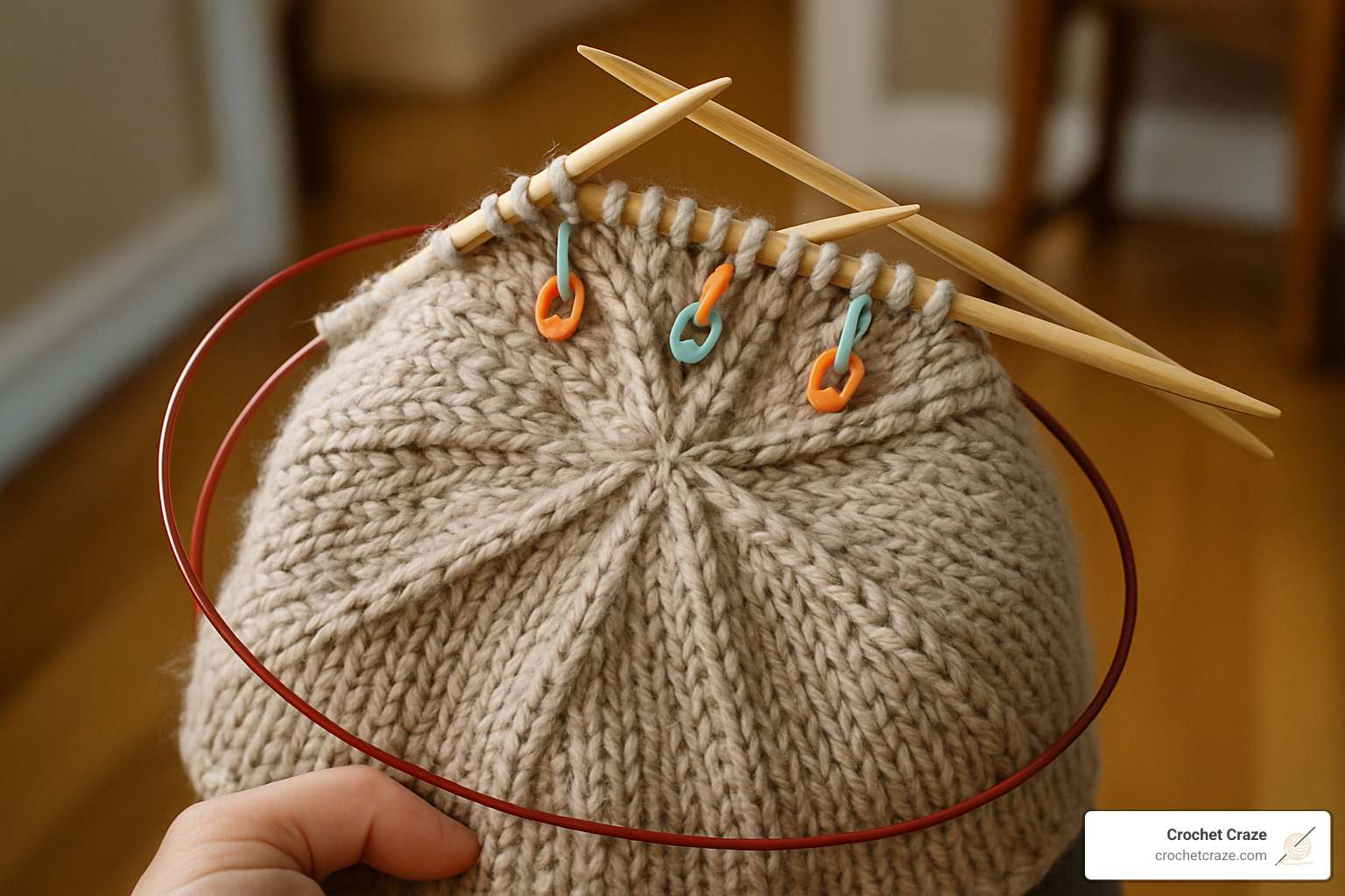 hat crown decreases in progress - Easy knit hat tutorial