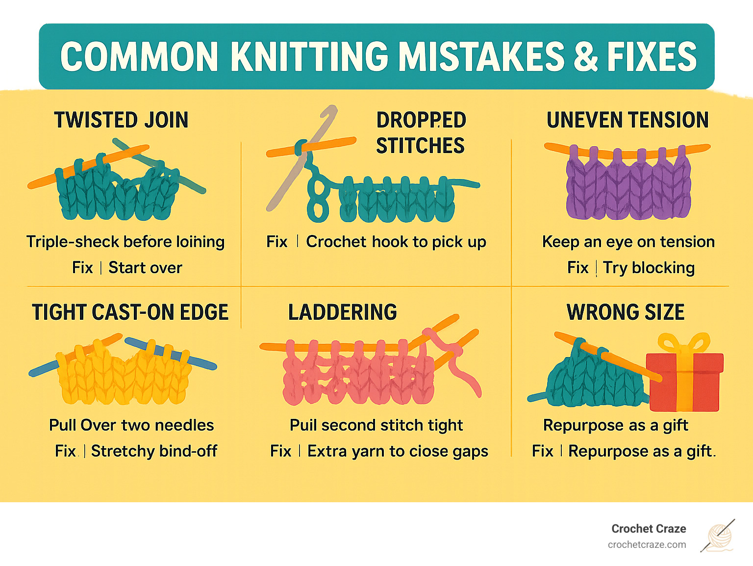 Infographic showing common knitting mistakes and solutions including twisted join, dropped stitches, and uneven tension with simple diagrams for fixes - Easy knit hat tutorial infographic