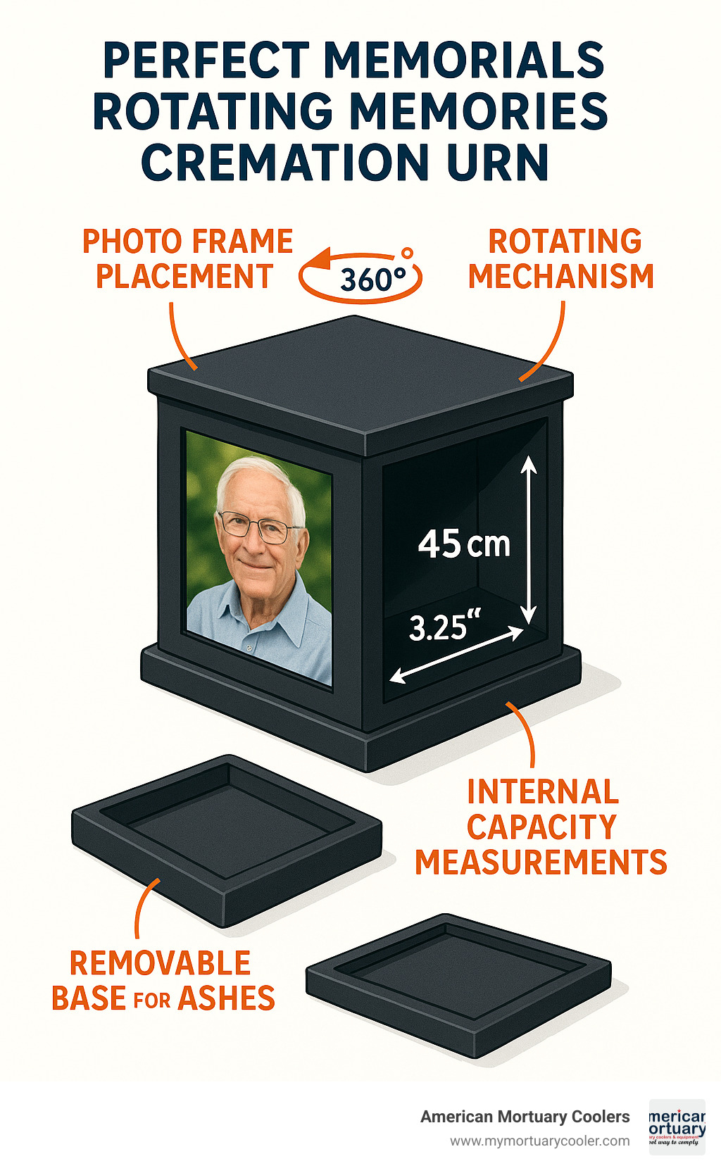 Detailed diagram of Rotating Memories Cremation Urn showing the rotating mechanism, photo frame placement, removable base for ashes, and internal capacity measurements - rotating memories cremation urn infographic