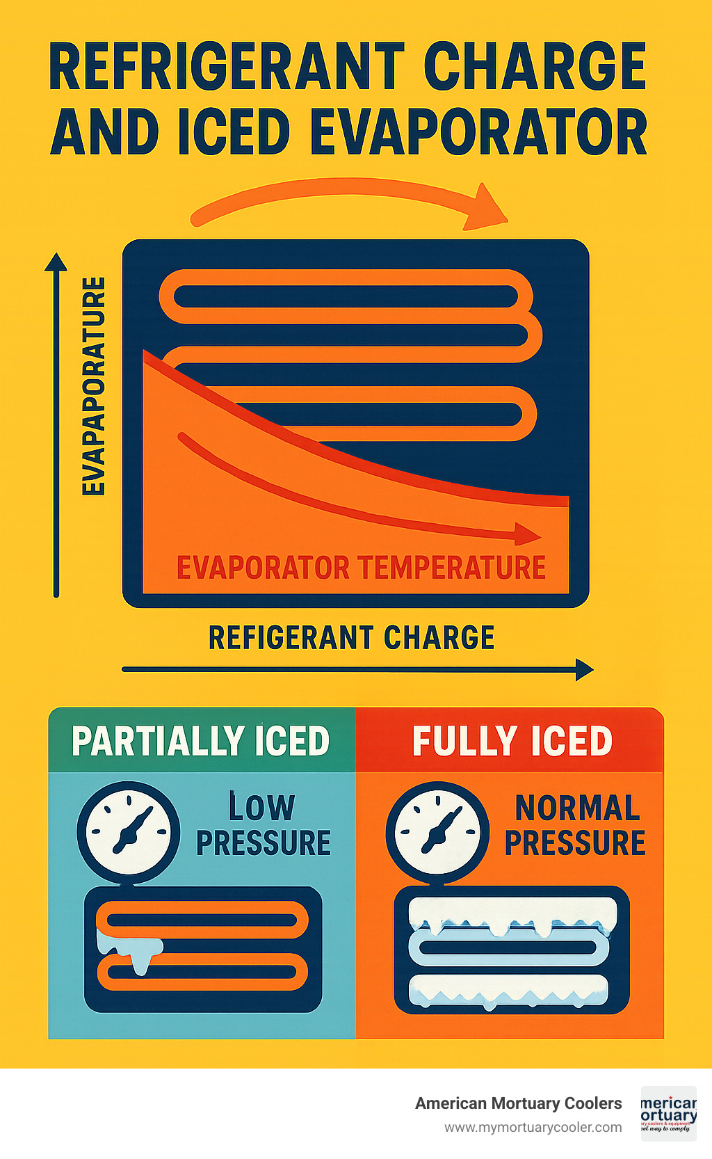 Diagram showing how refrigerant charge affects evaporator temperature, pressure readings at different charge levels, and the relationship between charge level and icing patterns - iced evaporator infographic 