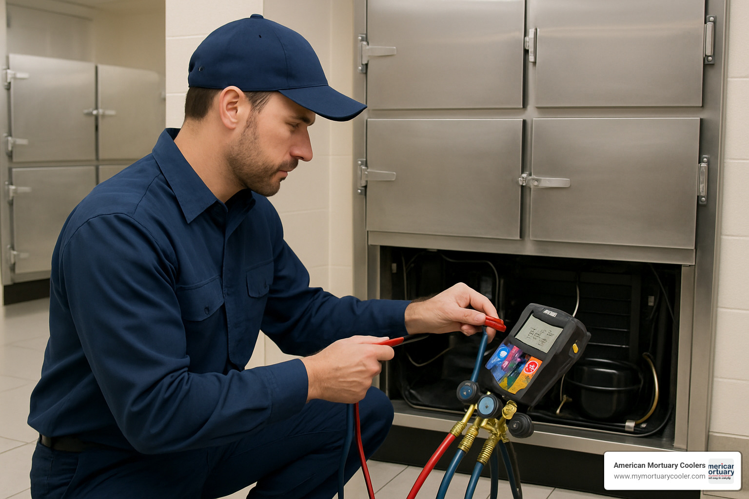 HVAC technician performing comprehensive system check on mortuary cooler unit - iced evaporator