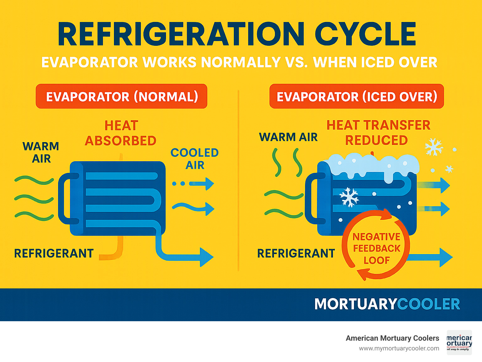 Refrigeration cycle showing how an evaporator works normally vs. when iced over, including refrigerant flow, heat transfer process, and the negative feedback loop that occurs when ice begins to form - iced evaporator infographic 