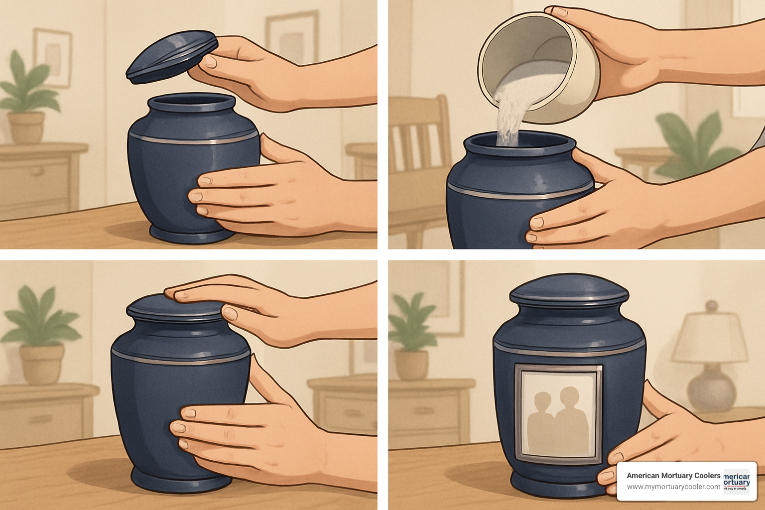 Step-by-step illustration of filling the urn with ashes - rotating memories cremation urn
