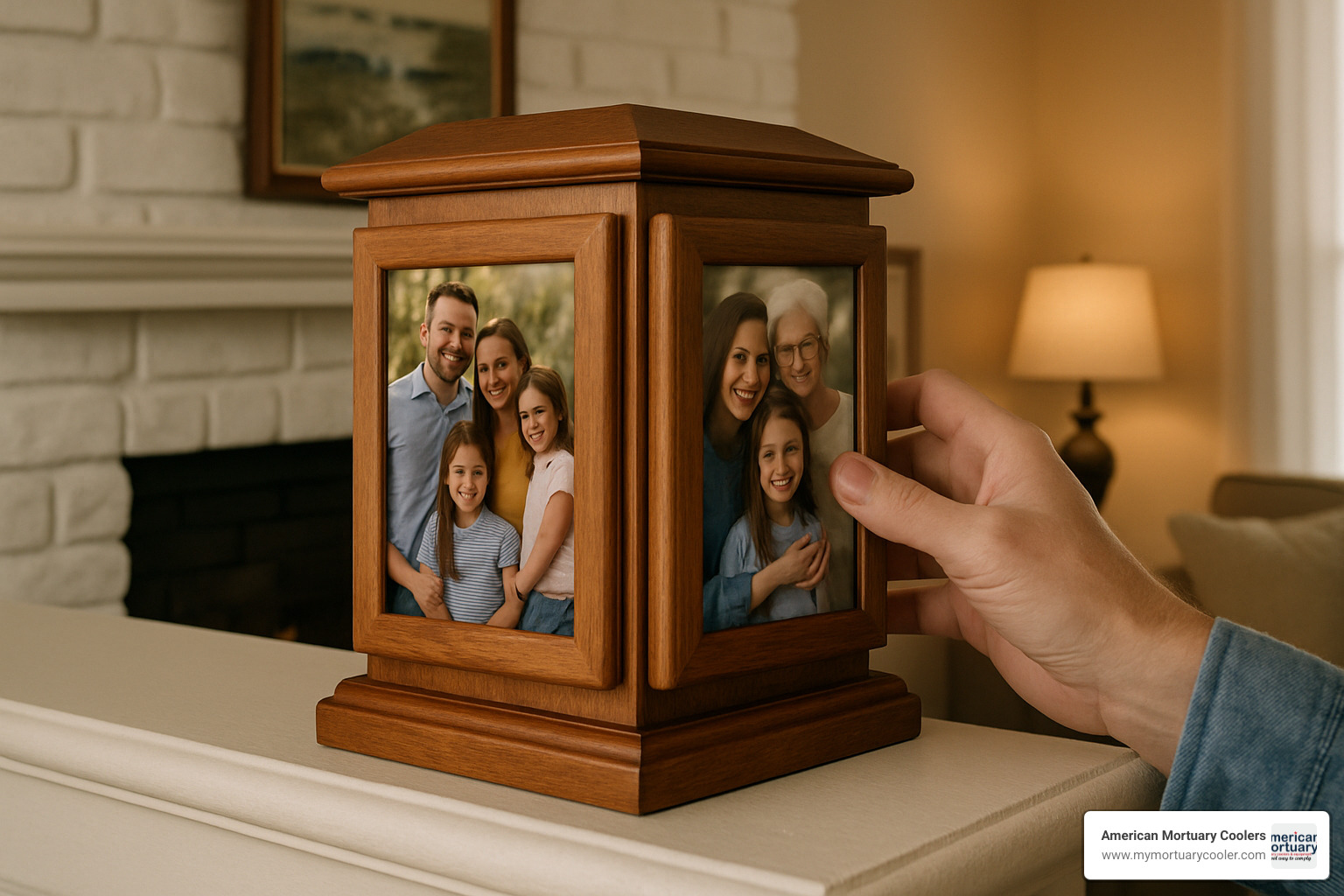 Person gently rotating the Rotating Memories urn to view different photos - rotating memories cremation urn