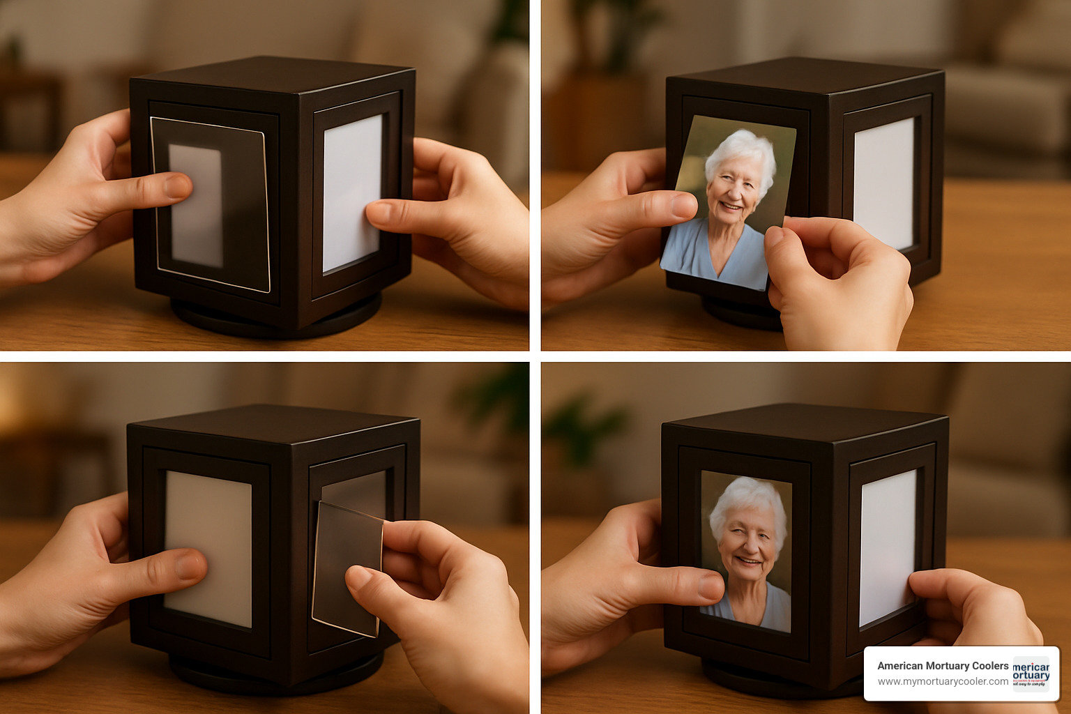 Step-by-step photo insertion process for the rotating memories urn - rotating memories cremation urn