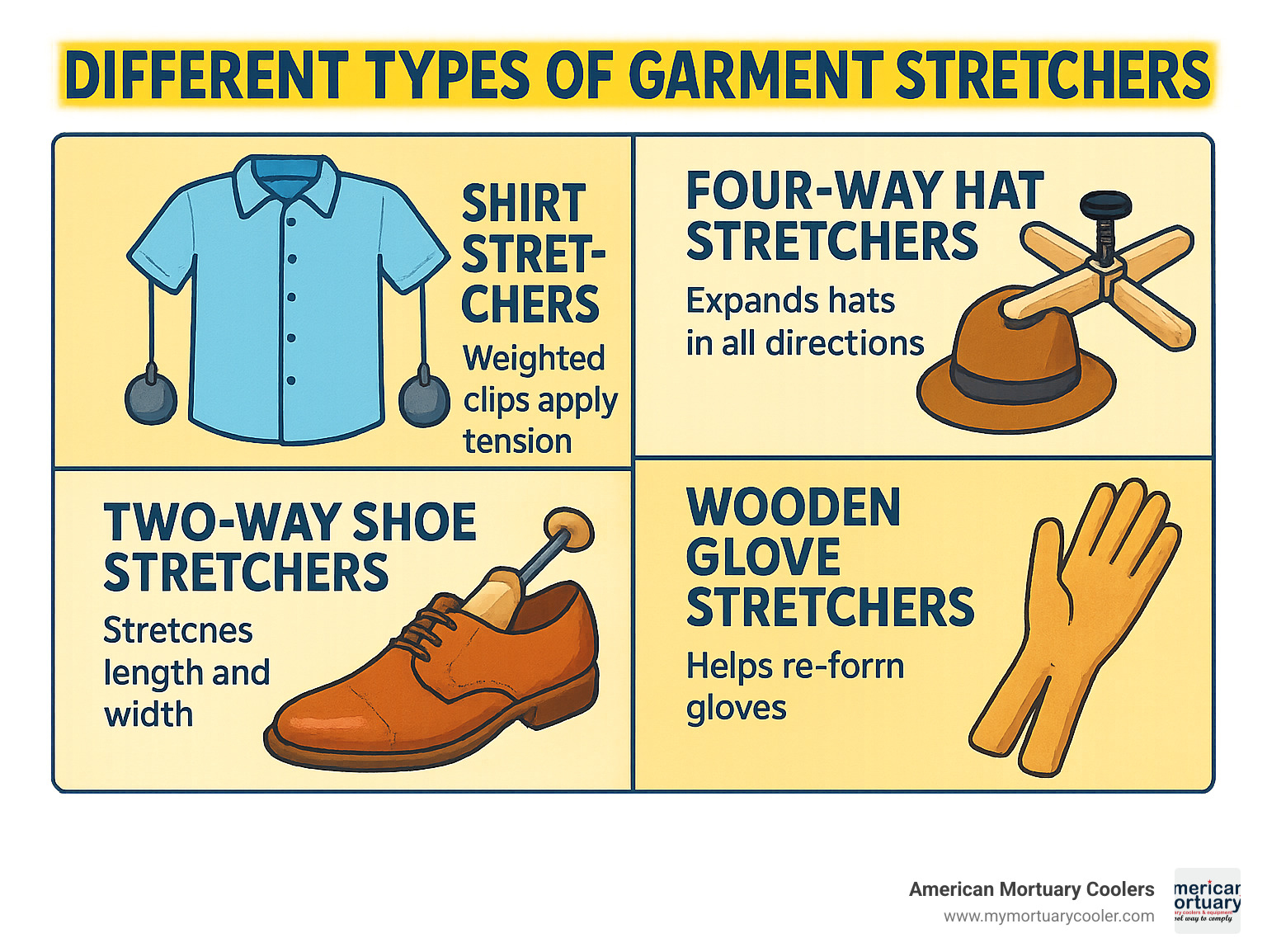 Diagram showing different types of garment stretchers including shirt stretchers with weighted clips, four-way hat stretchers, two-way shoe stretchers and wooden glove stretchers with their respective uses and benefits - garment stretcher infographic 