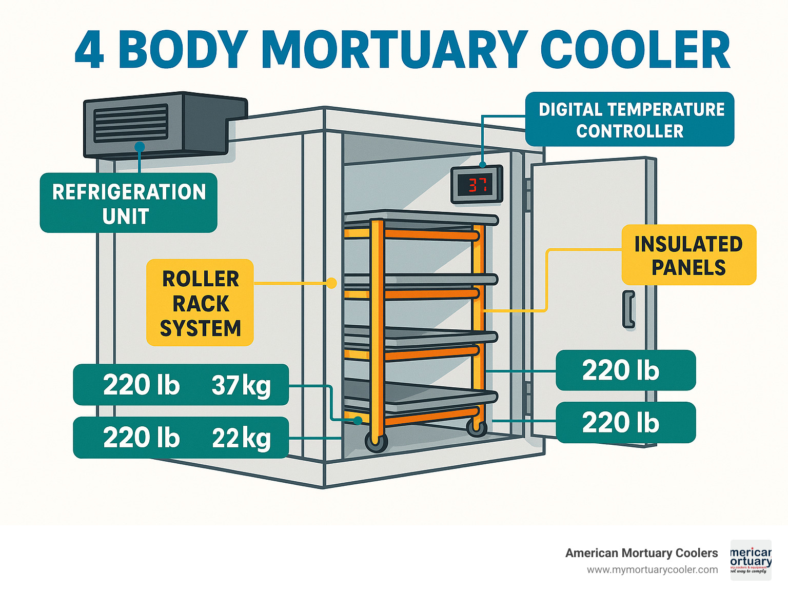 Detailed diagram of 4 body mortuary cooler showing main components including refrigeration unit, insulated panels, roller rack system, digital temperature controller, and body trays with load capacity indicators - 4 Body Mortuary Cooler infographic 