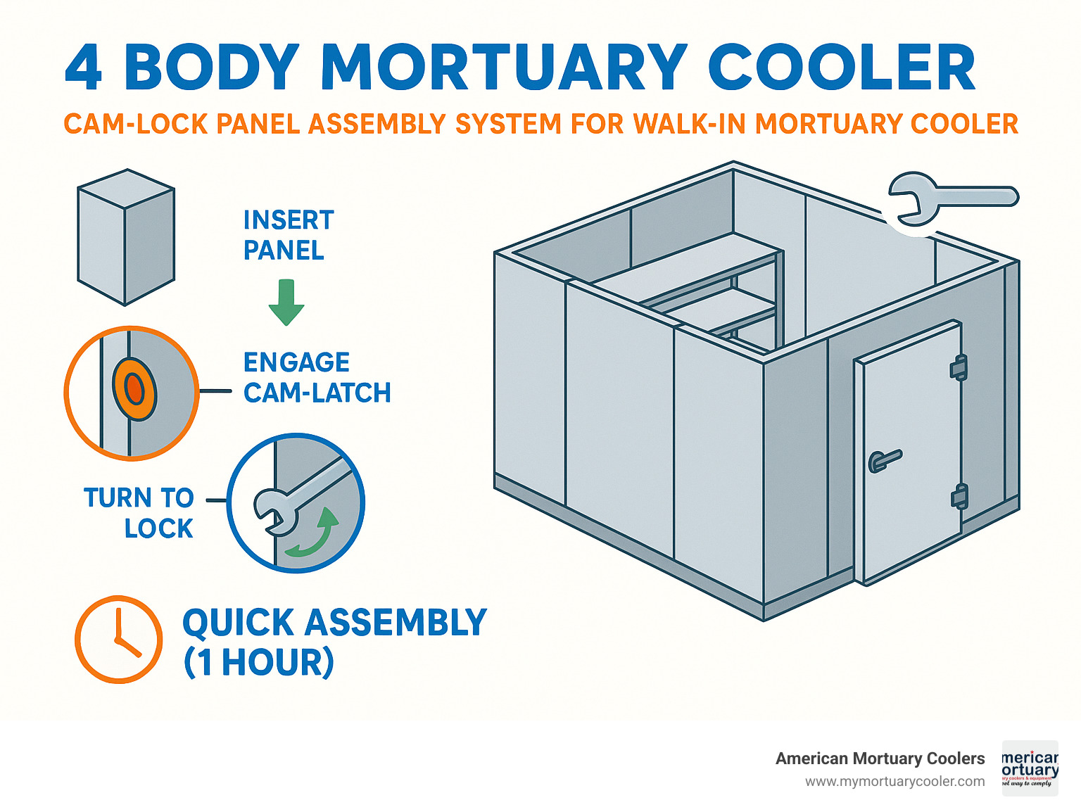 Diagram showing cam-lock panel assembly system for walk-in mortuary cooler - 4 Body Mortuary Cooler infographic 