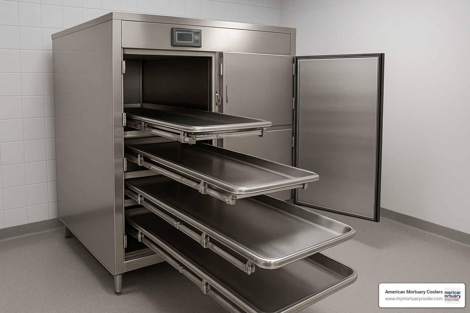 Telescoping rack system for mortuary cooler - 4 Body Mortuary Cooler