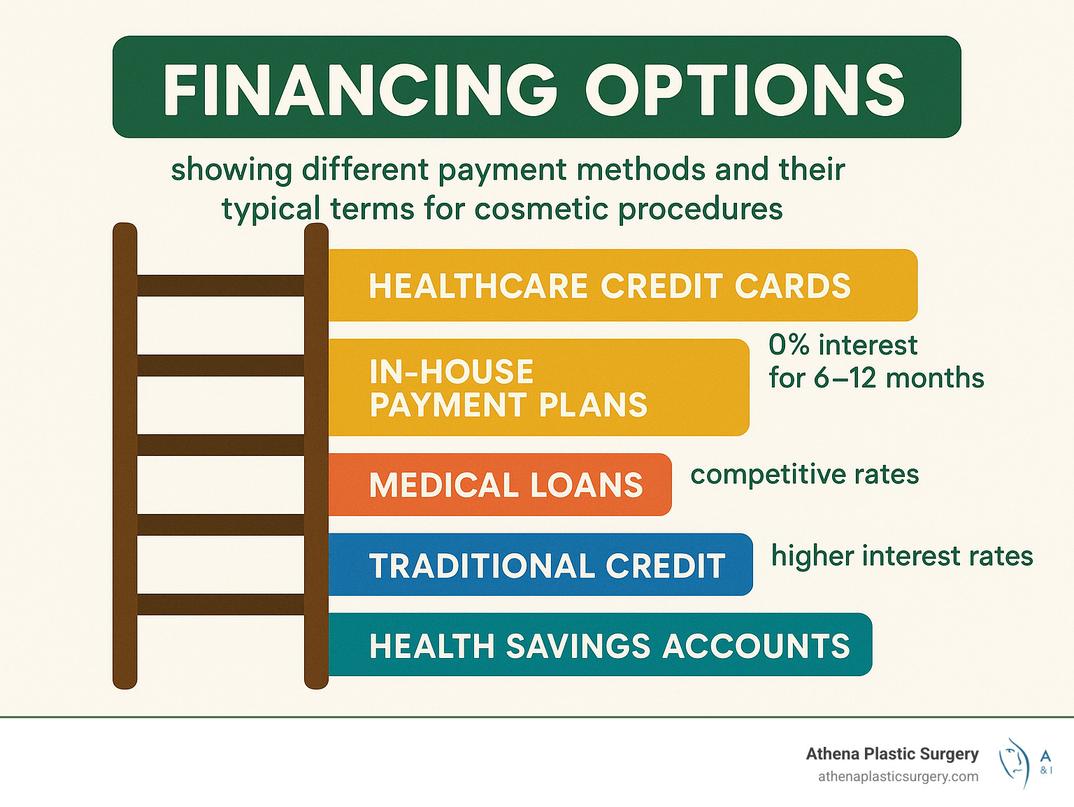 Rhytidectomy Costs: Budgeting for Your Facelift 11 Financing options ladder showing different payment methods and their typical terms for cosmetic procedures - rhytidectomy cost infographic