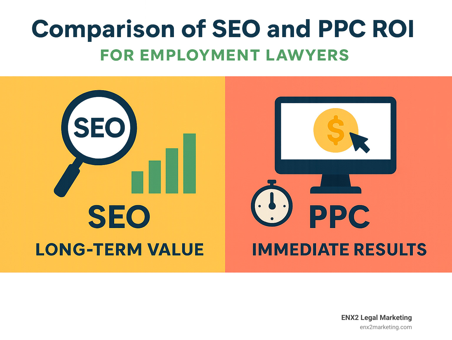 Comparison of SEO and PPC ROI for employment lawyers showing long-term value versus immediate results - employment lawyer seo infographic
