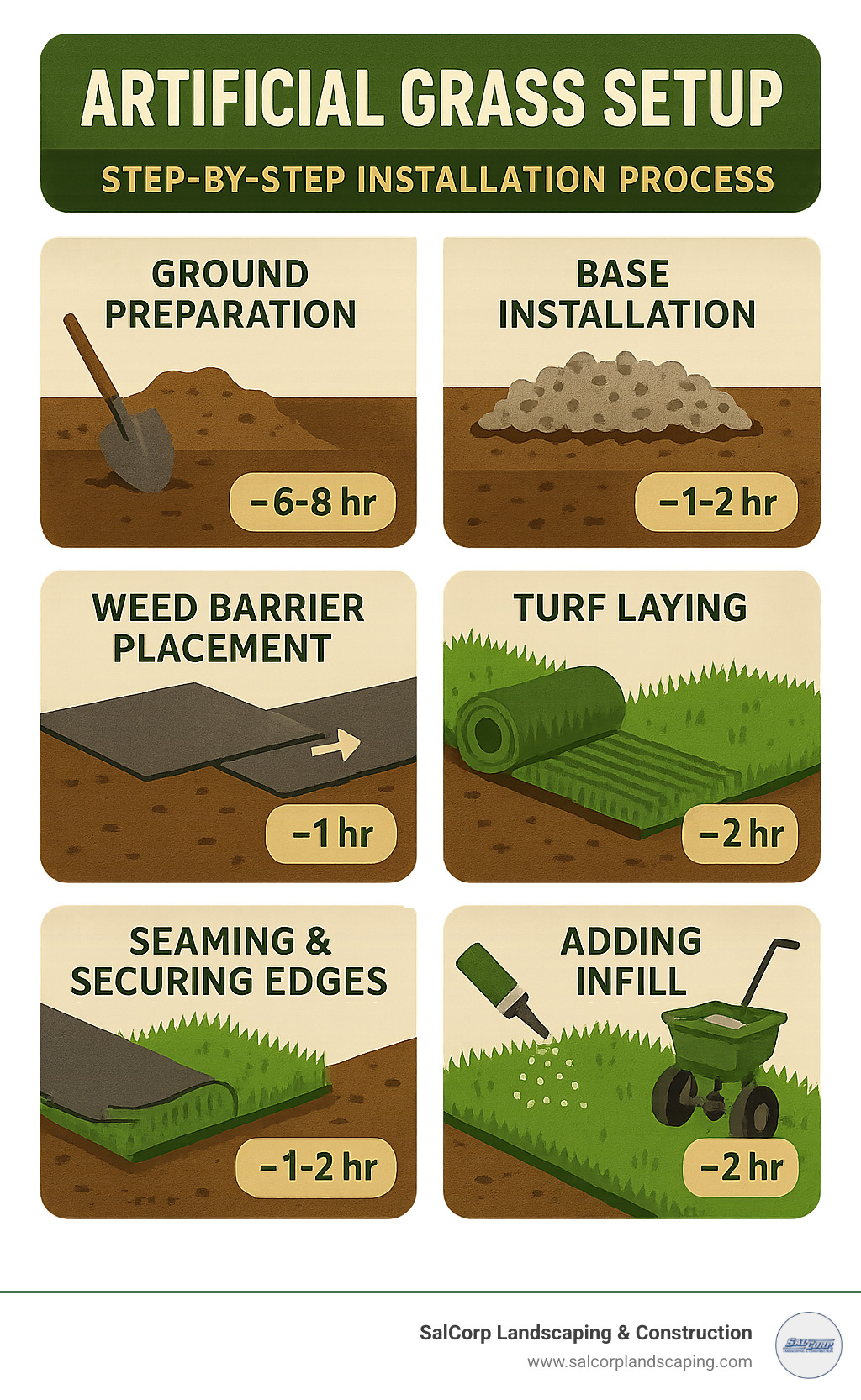 Step-by-step artificial grass installation process showing ground preparation, base installation, weed barrier placement, turf laying, seaming, securing edges, and adding infill with approximate time requirements for each step - artificial grass setup infographic 