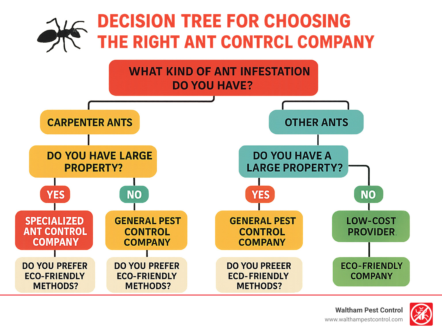 Decision tree for choosing the right ant control company based on infestation type, property size, budget, and environmental concerns - ant control companies infographic 
