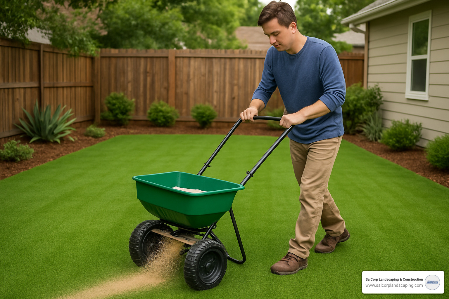 person using drop spreader to apply infill on newly installed artificial grass - artificial grass setup