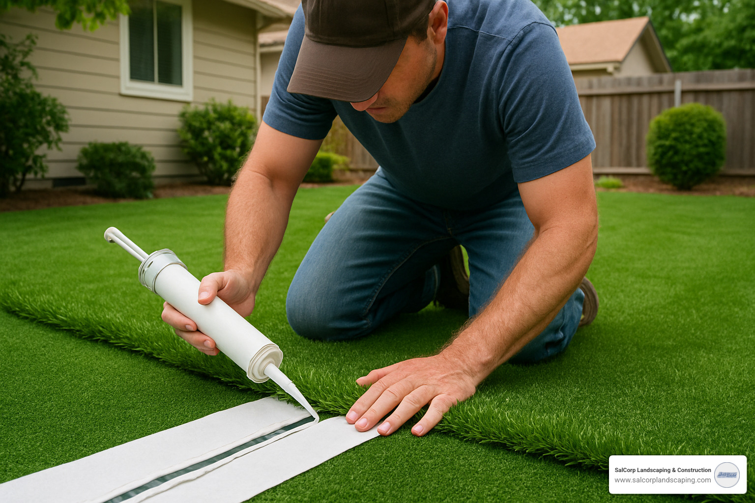 person applying adhesive to seam tape between two pieces of artificial grass - artificial grass setup