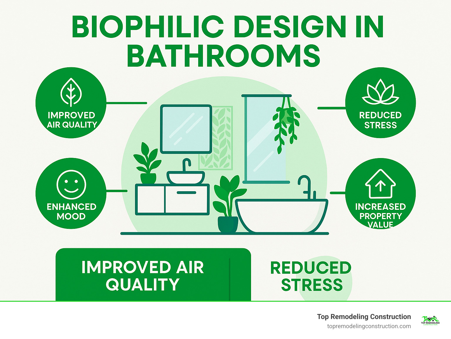 Infographic showing the benefits of biophilic design in bathrooms including improved air quality, reduced stress, improved mood, and increased property value - Contemporary bathroom designs infographic