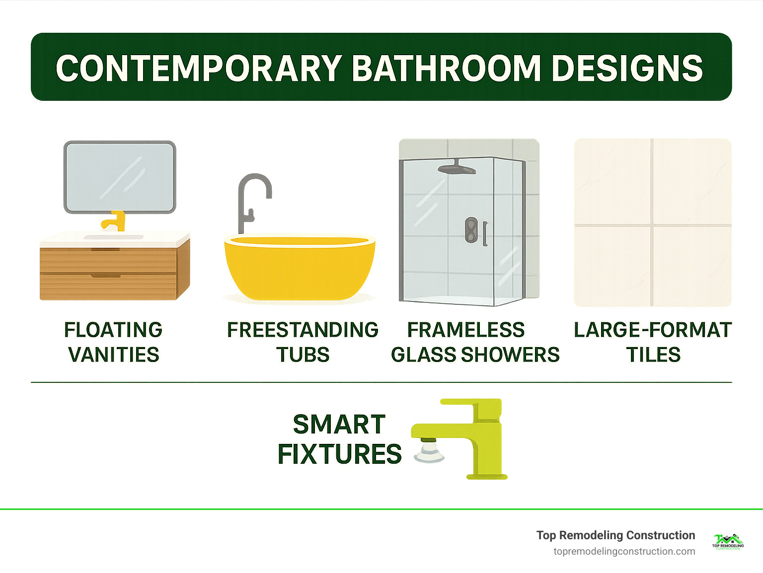 Infographic showing key elements of contemporary bathroom design including floating vanities, freestanding tubs, frameless glass shower enclosures, large format tiles, and smart fixtures arranged in a clean, modern layout with neutral color palette examples - Contemporary bathroom designs infographic