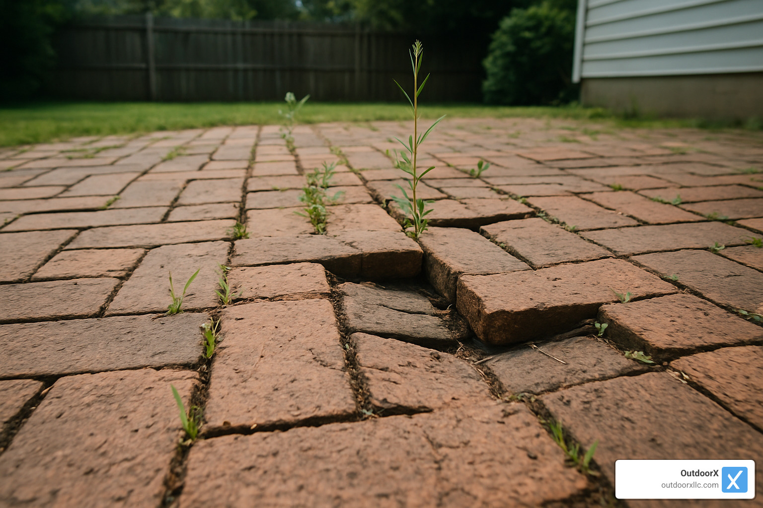 damaged brick patio with weeds and uneven surface - replacing brick patio