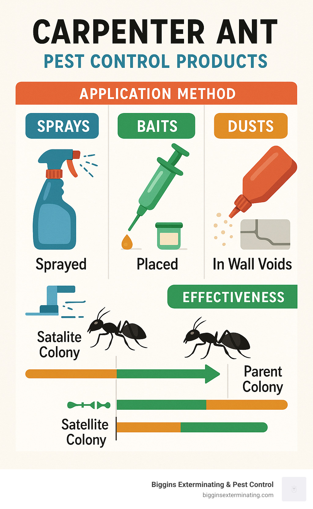 Comparison of carpenter ant pest control products showing sprays, baits and dusts with their application methods and effectiveness against different colony stages - carpenter ant pest control products infographic 