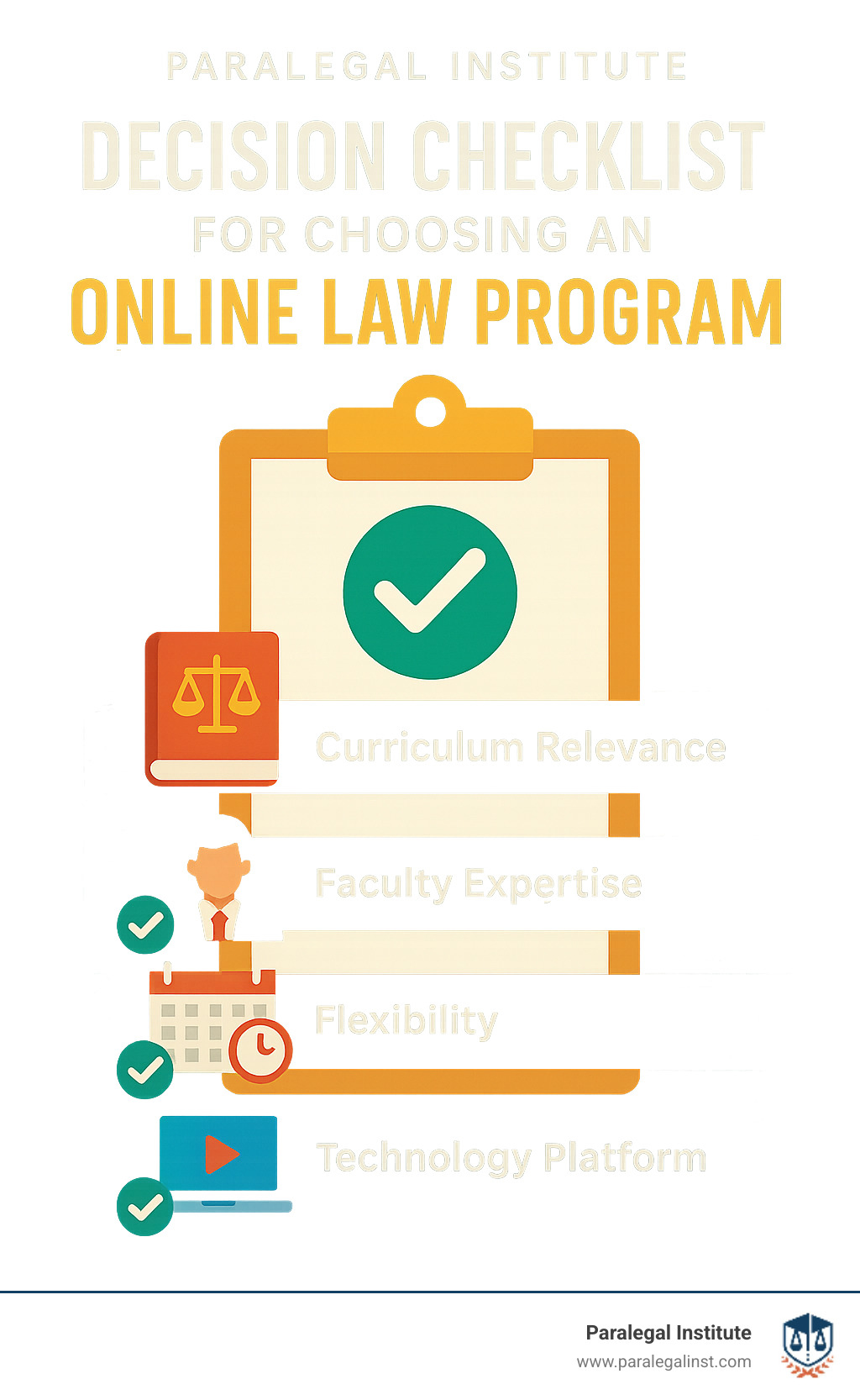 decision checklist for choosing an online law program - learning law online infographic 