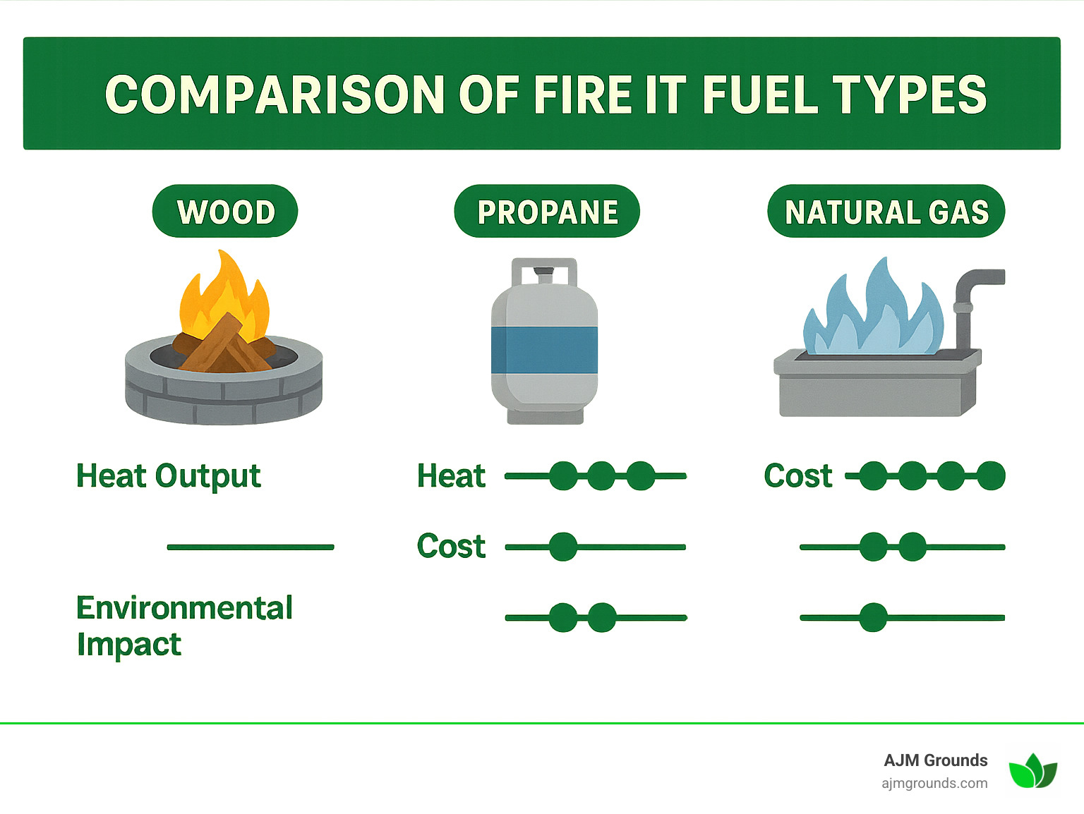 Comparison of fire pit fuel types showing heat output, cost, and environmental impact - custom fire pit ideas infographic 