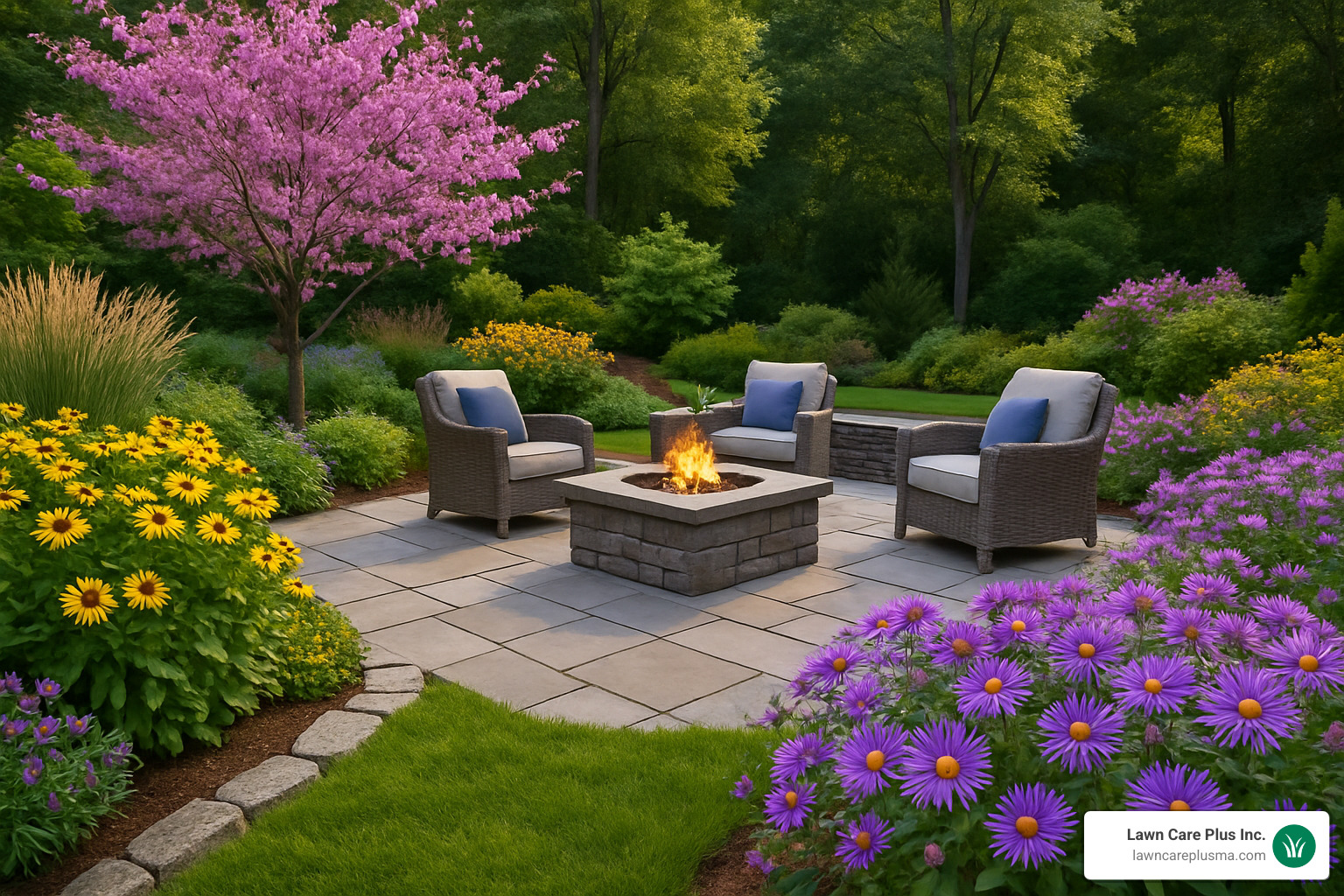 Canton MA landscape design featuring native plants and outdoor living area - landscape design canton ma