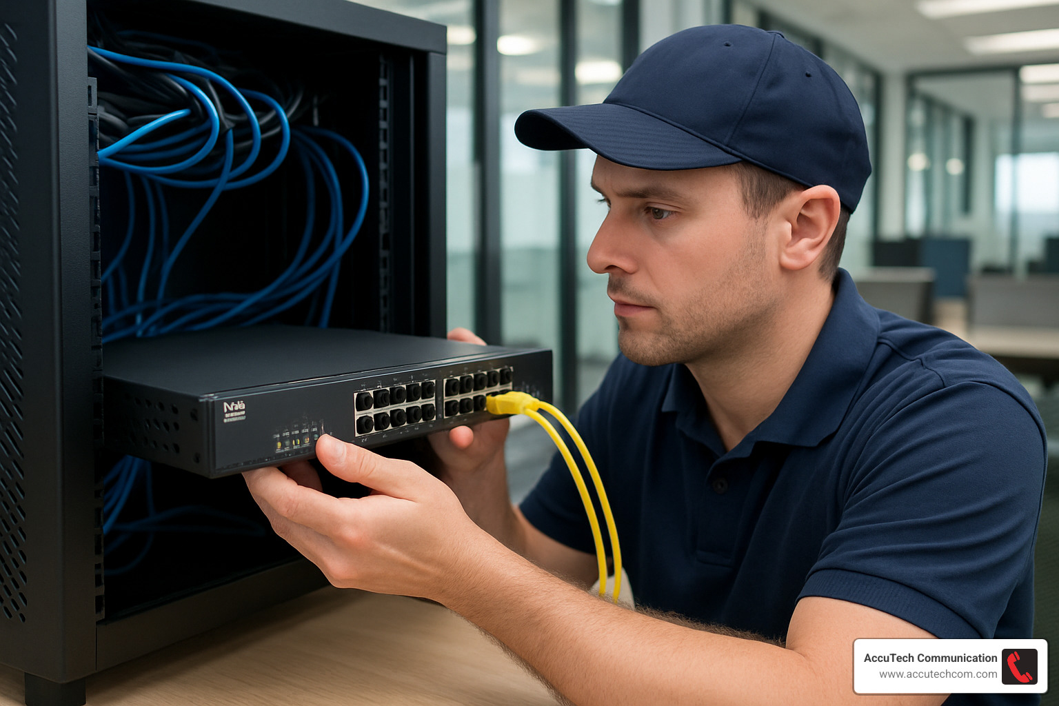 Technician installing PoE switch for office phone system - office phones