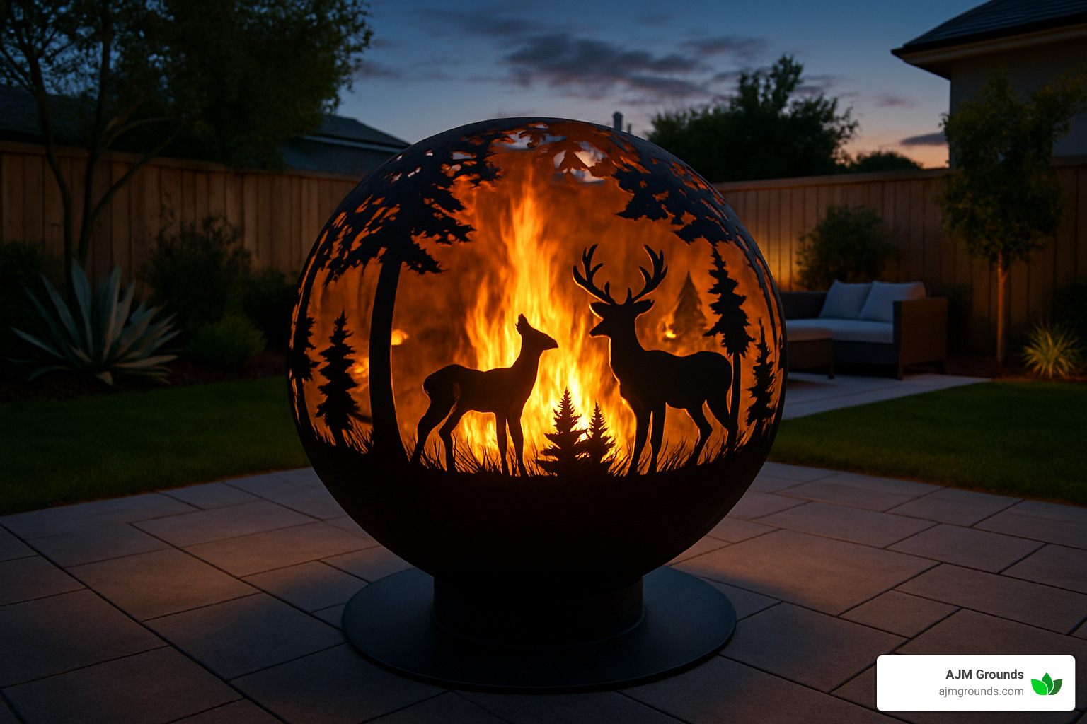 laser cut metal sphere fire pit with wildlife motif - custom fire pit ideas