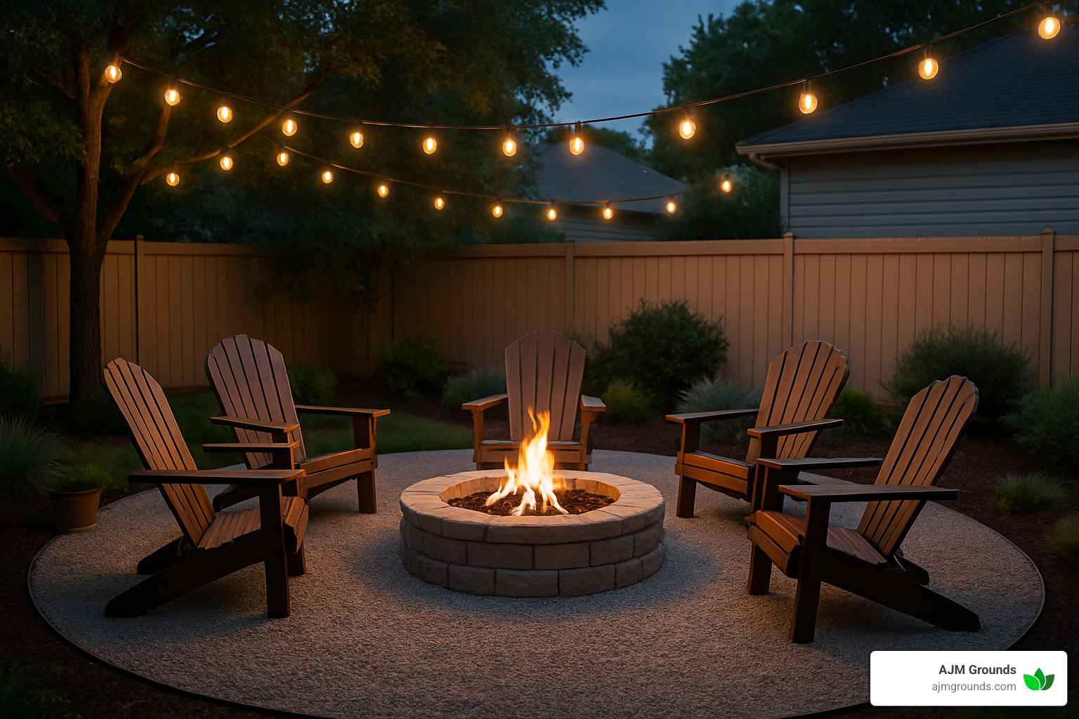 gravel seating circle with string lights and adirondack chairs around fire pit - custom fire pit ideas