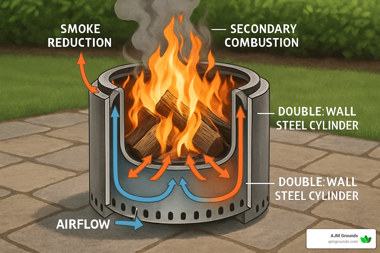 smokeless fire pit design showing double wall airflow system - custom fire pit ideas