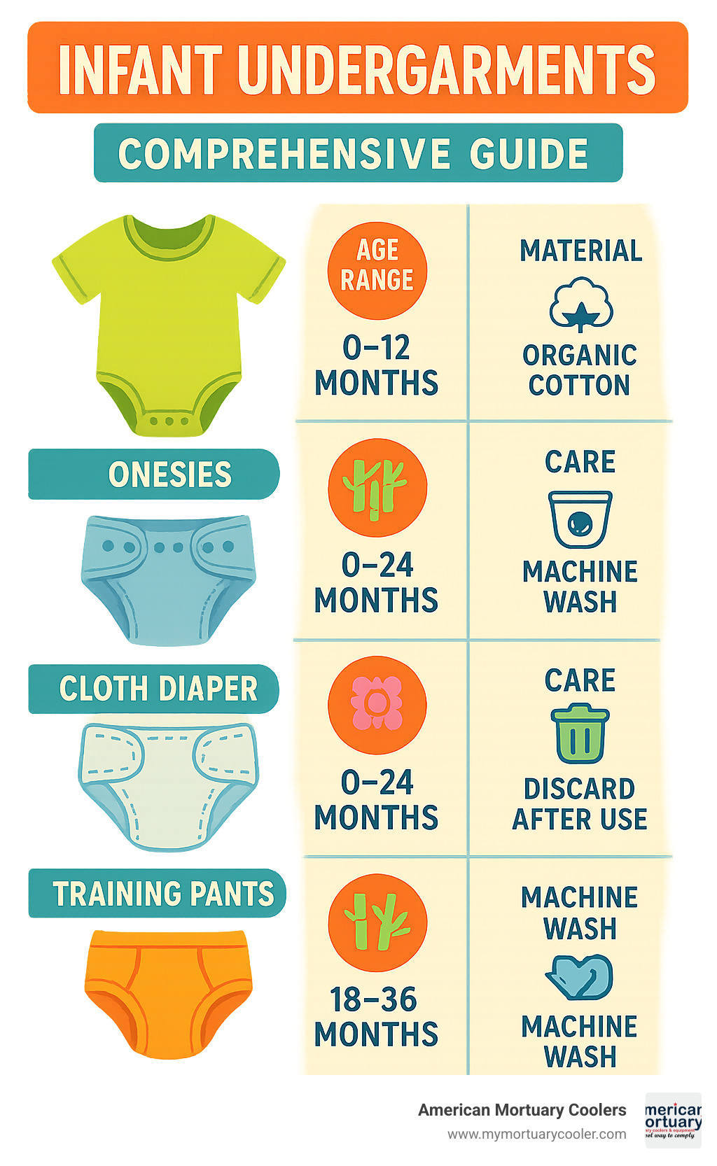 Comprehensive guide to infant undergarments showing different types (onesies, cloth diapers, disposable diapers, training pants), their appropriate age ranges, material benefits (organic cotton, bamboo, synthetic blends), and care instructions for each type - infant undergarments infographic 