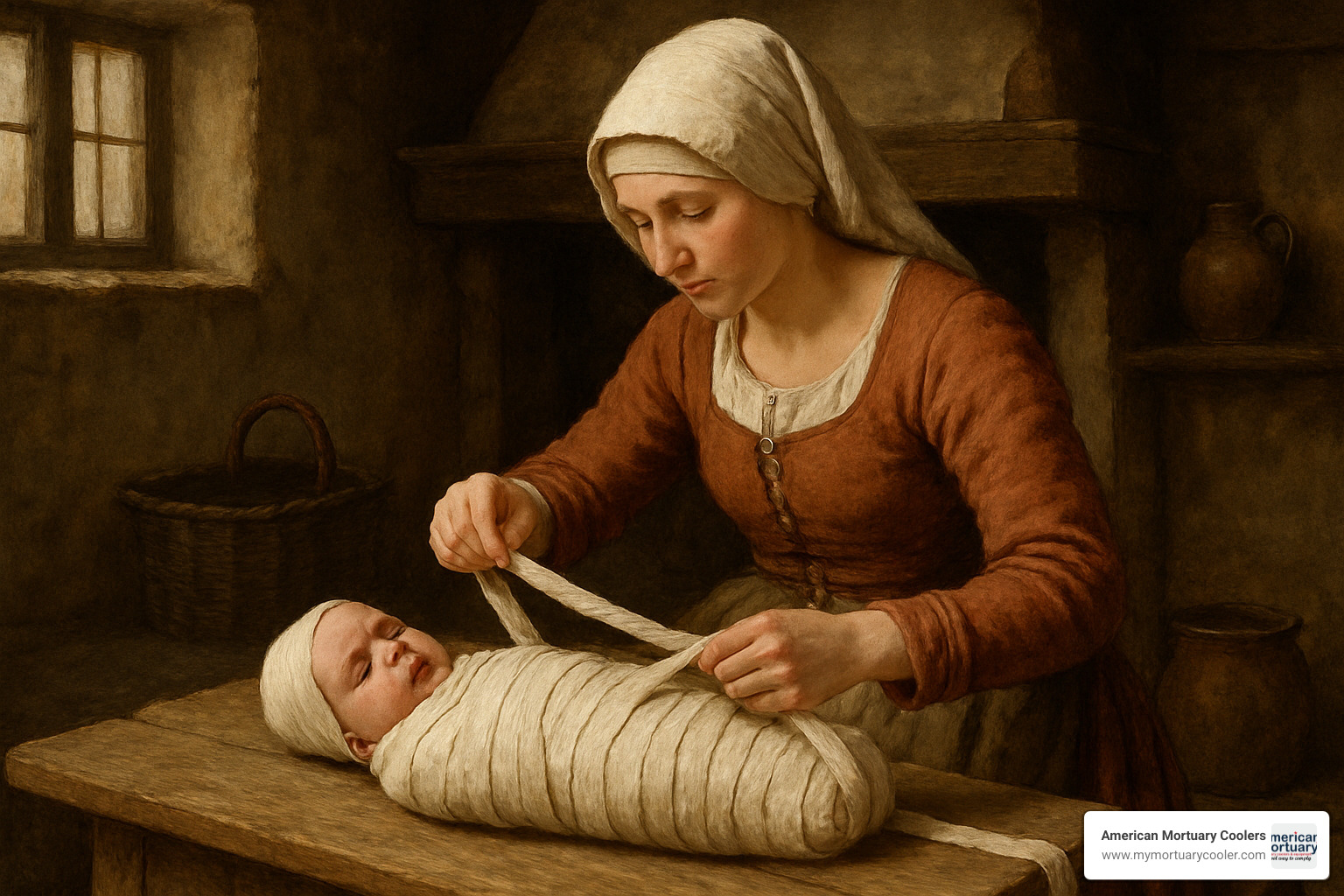 medieval mother swaddling infant - infant undergarments