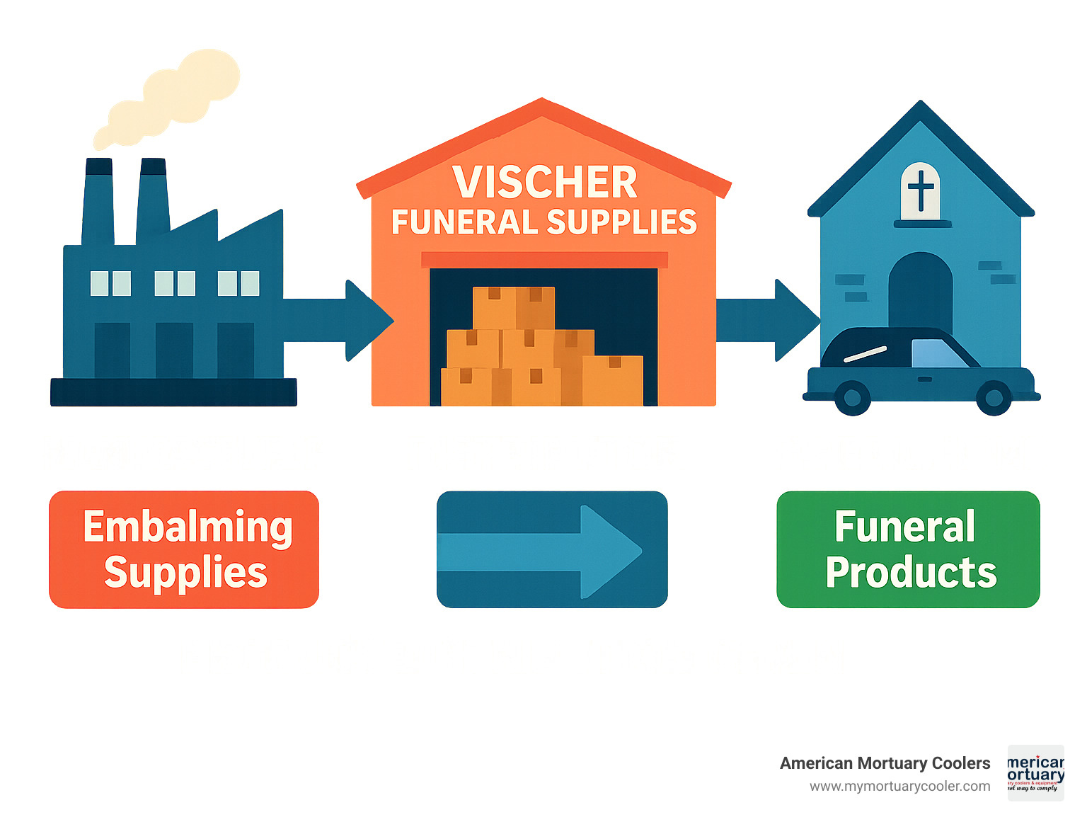 funeral supply distribution chain showing manufacturer to distributor to funeral home workflow  infographic
