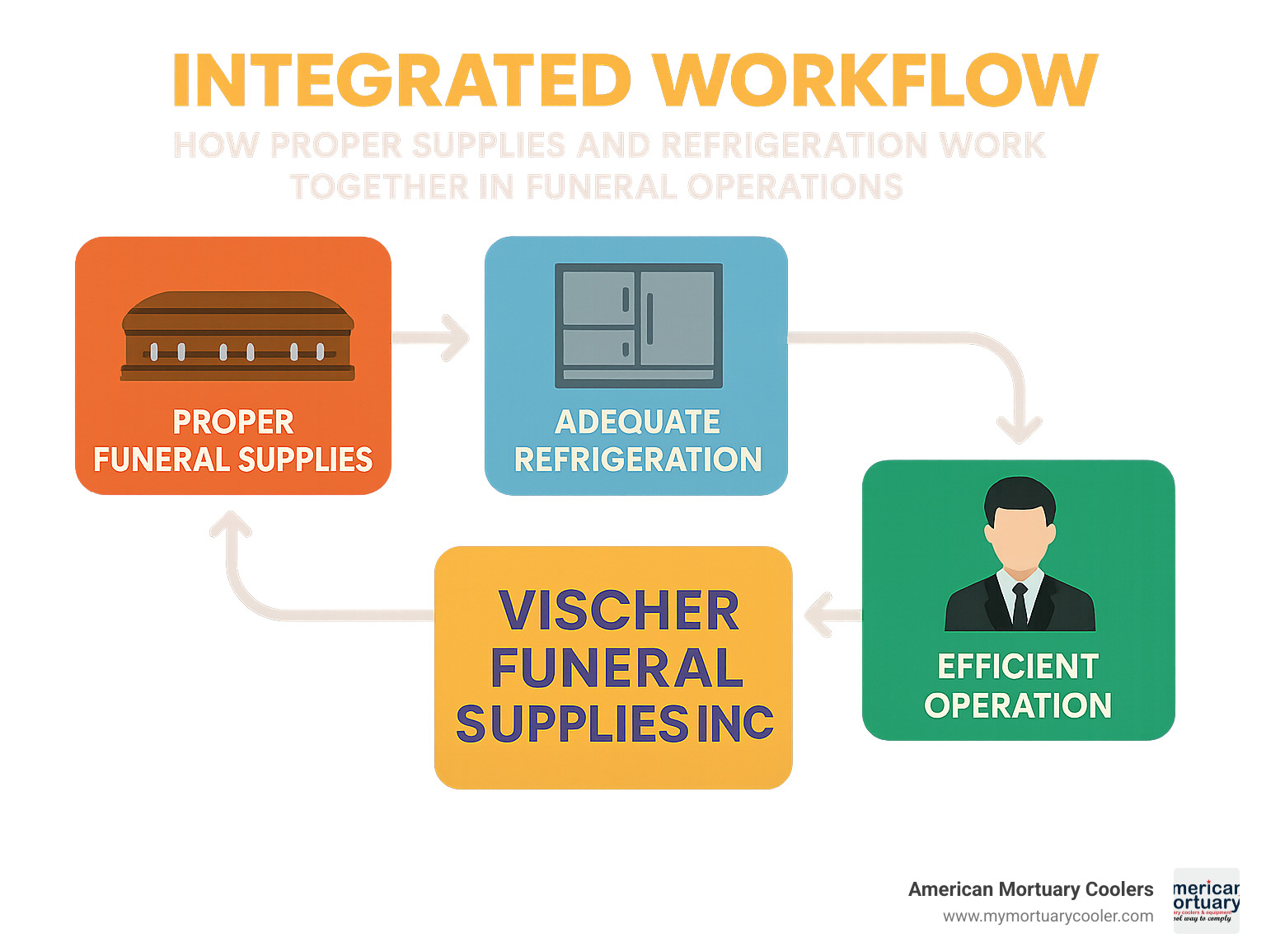 Integrated workflow showing how proper supplies and refrigeration work together in funeral operations - vischer funeral supplies inc infographic 