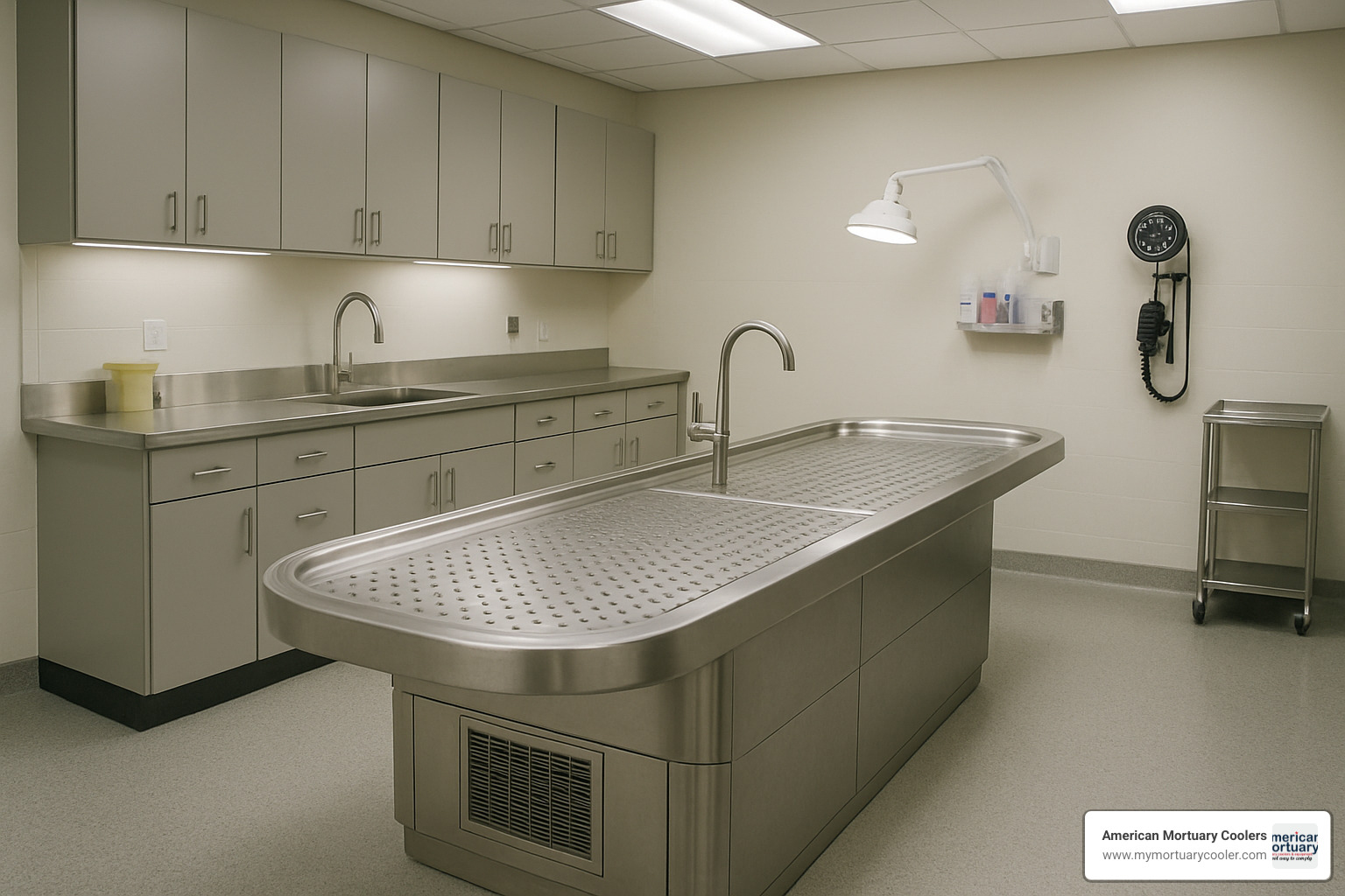 embalming table in modern preparation room