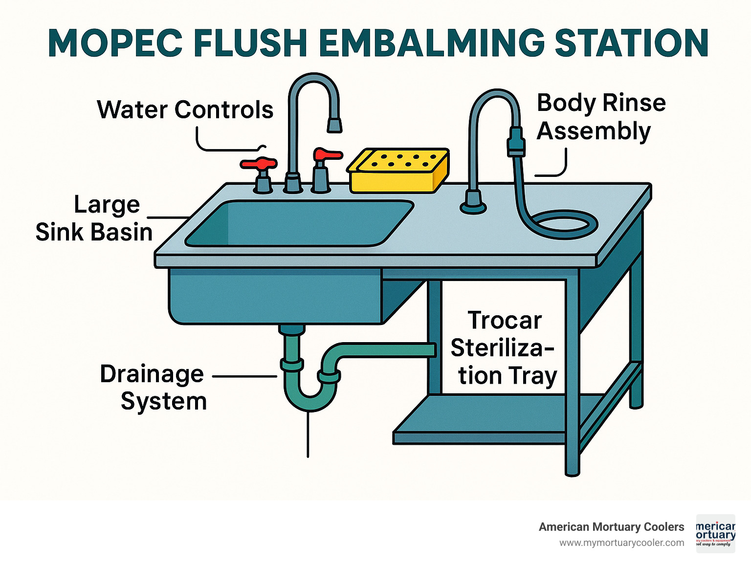 Detailed diagram showing the components and workflow of a Mopec flush embalming station including the sink basin, drainage system, water controls, trocar sterilization tray, and body rinse assembly - mopec flush embalming station infographic 